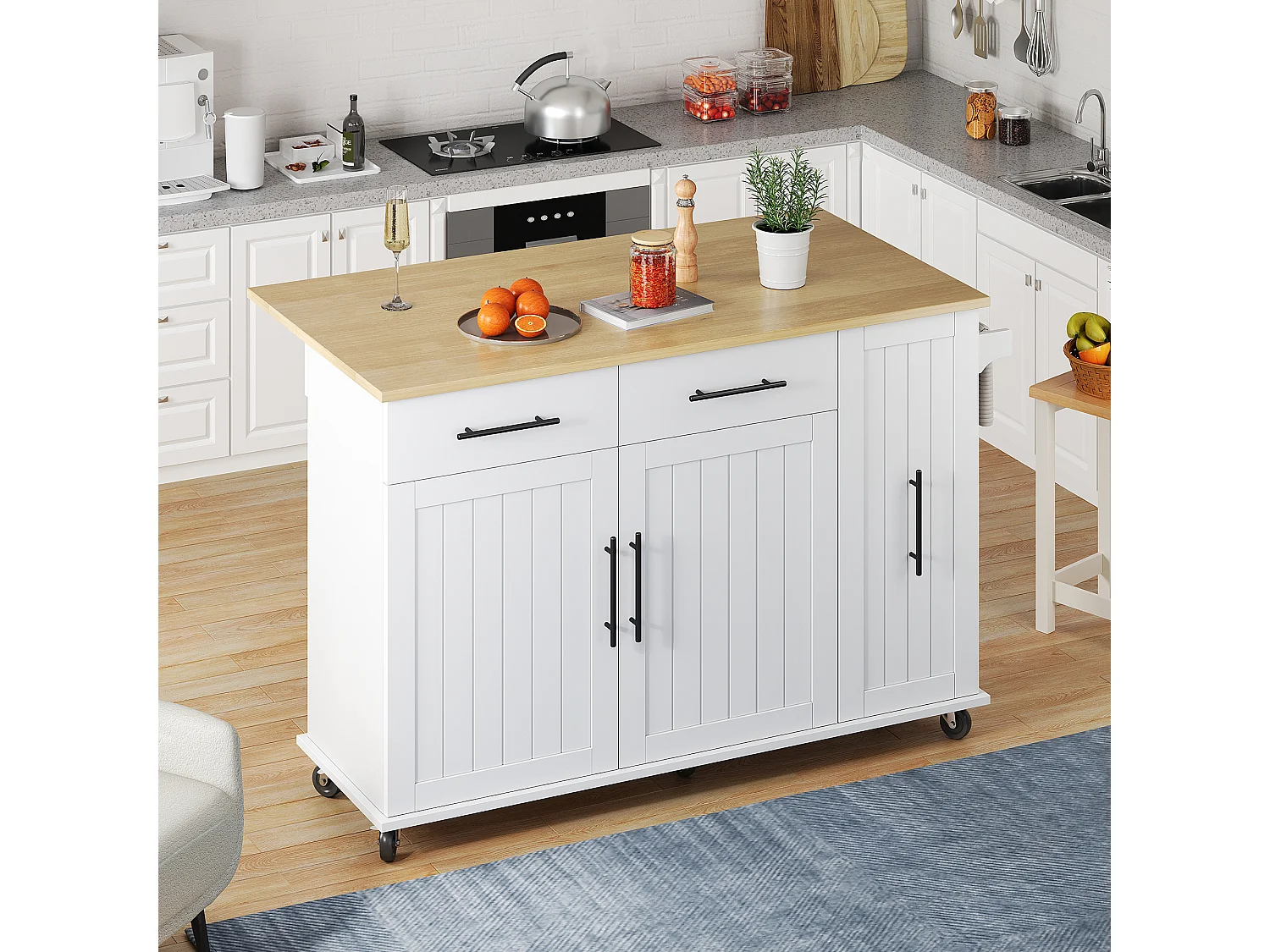 Isola cucina mobile - piano estendibile - 2 cassetti e 2 ante - con portasciugamani - MDF - bianco + naturale