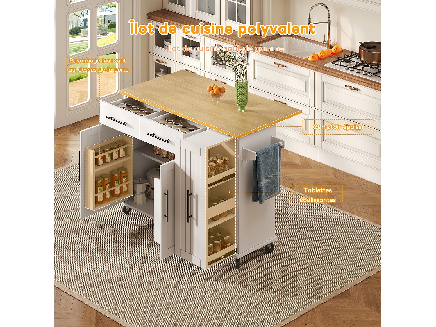 Isola cucina mobile - piano estendibile - 2 cassetti e 2 ante - con portasciugamani - MDF - bianco + naturale