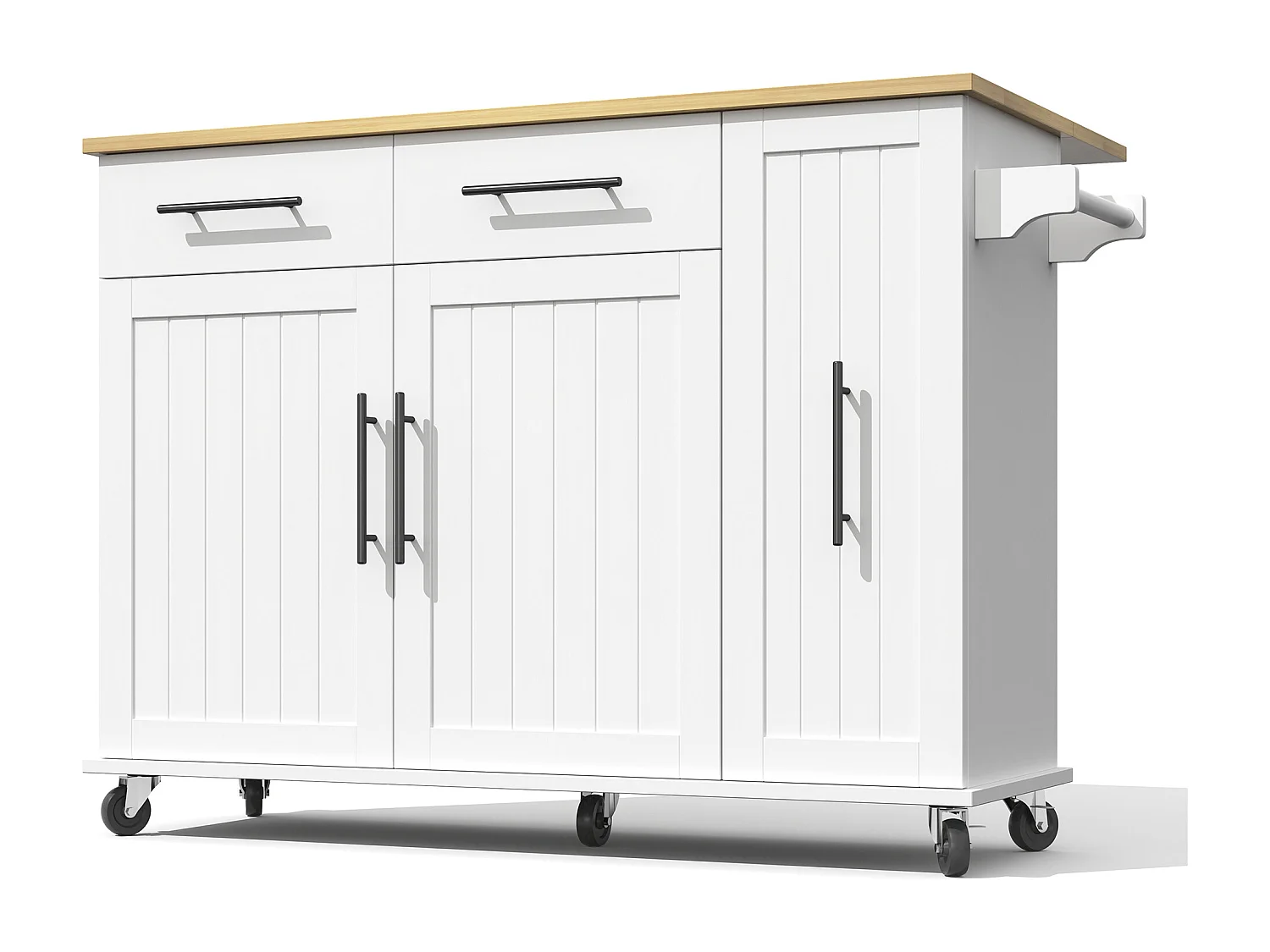 Isola cucina mobile - piano estendibile - 2 cassetti e 2 ante - con portasciugamani - MDF - bianco + naturale