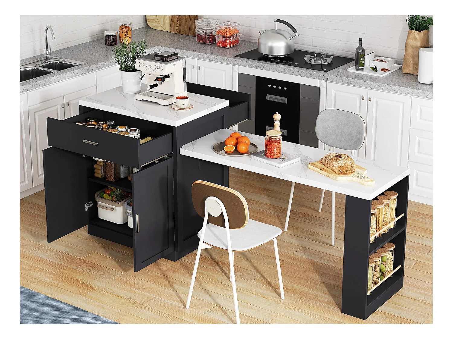 Ilot central de cuisine - avec USB - avec 2 portes et 2 tiroirs - Plateau extensible - Étagères ouvertes - Blanc+Noir