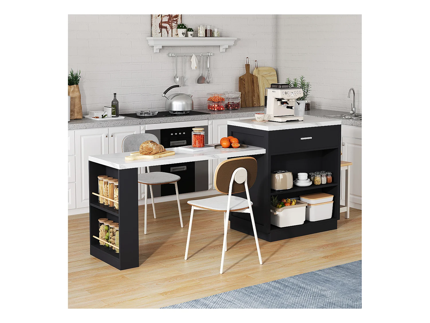 Ilot central de cuisine - avec USB - avec 2 portes et 2 tiroirs - Plateau extensible - Étagères ouvertes - Blanc+Noir