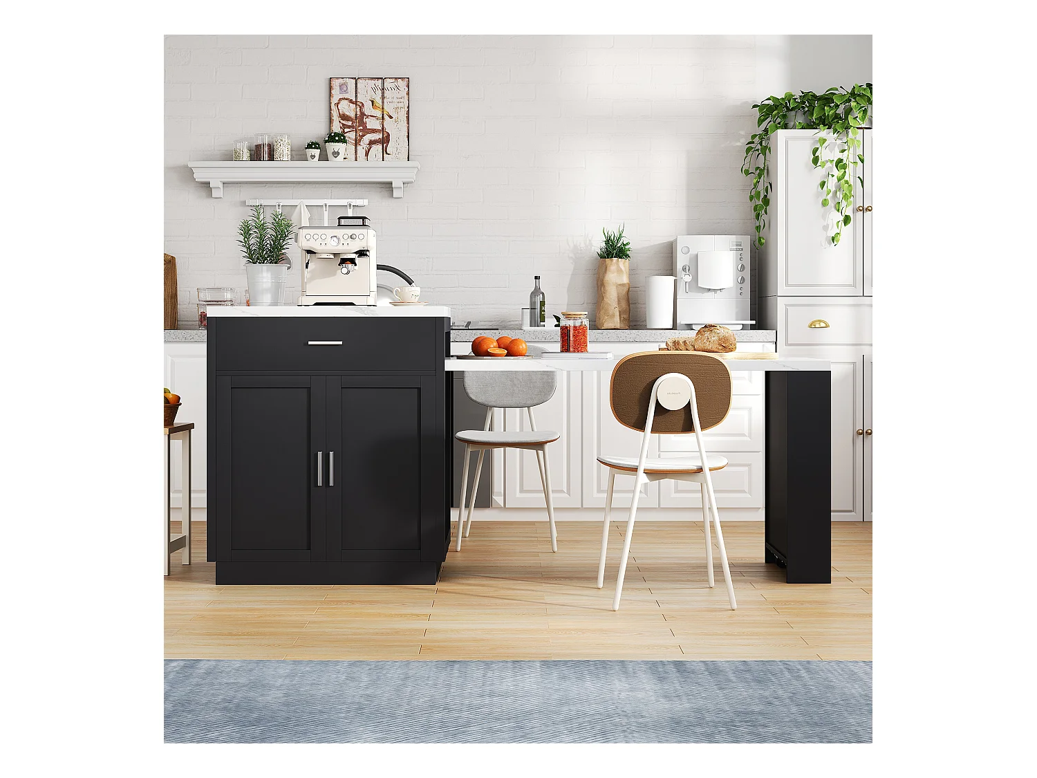 Ilot central de cuisine - avec USB - avec 2 portes et 2 tiroirs - Plateau extensible - Étagères ouvertes - Blanc+Noir