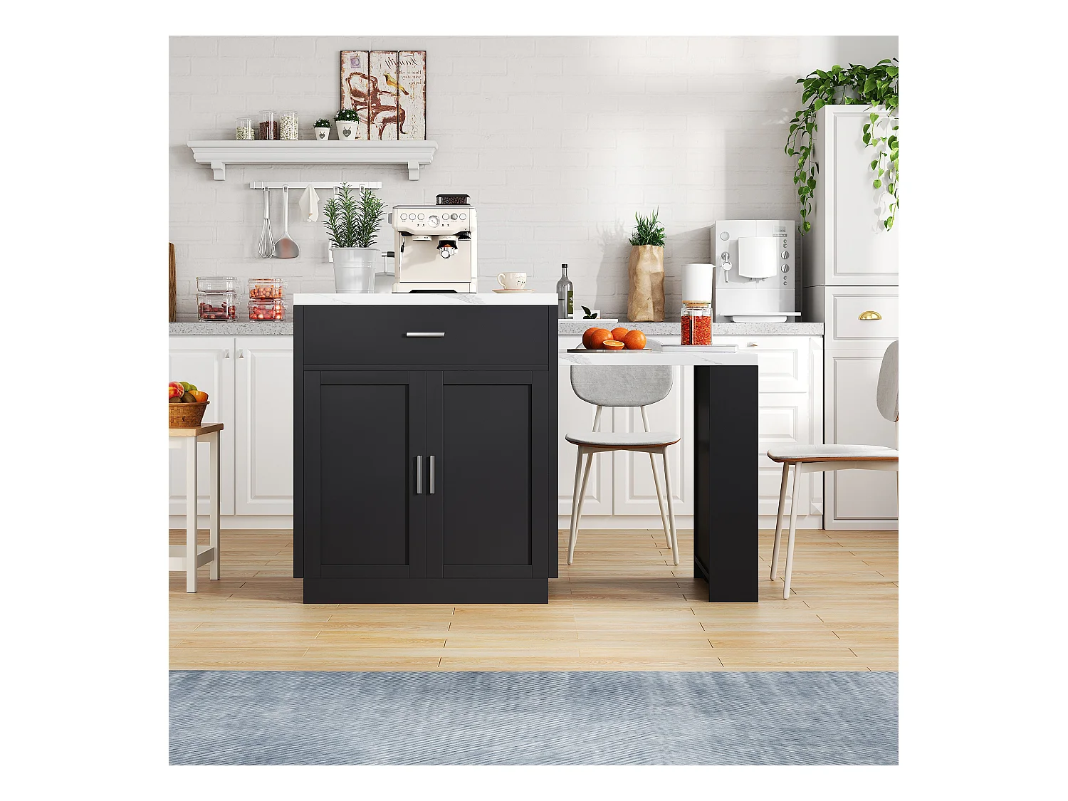 Ilot central de cuisine - avec USB - avec 2 portes et 2 tiroirs - Plateau extensible - Étagères ouvertes - Blanc+Noir