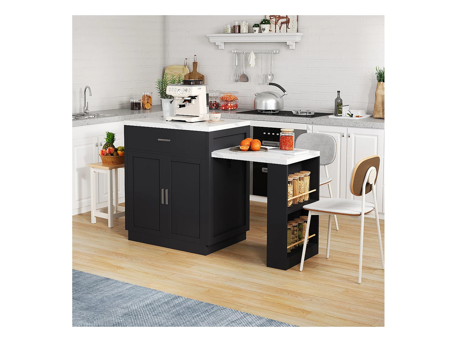 Ilot central de cuisine - avec USB - avec 2 portes et 2 tiroirs - Plateau extensible - Étagères ouvertes - Blanc+Noir