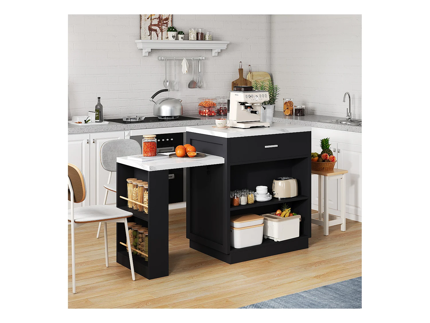 Ilot central de cuisine - avec USB - avec 2 portes et 2 tiroirs - Plateau extensible - Étagères ouvertes - Blanc+Noir