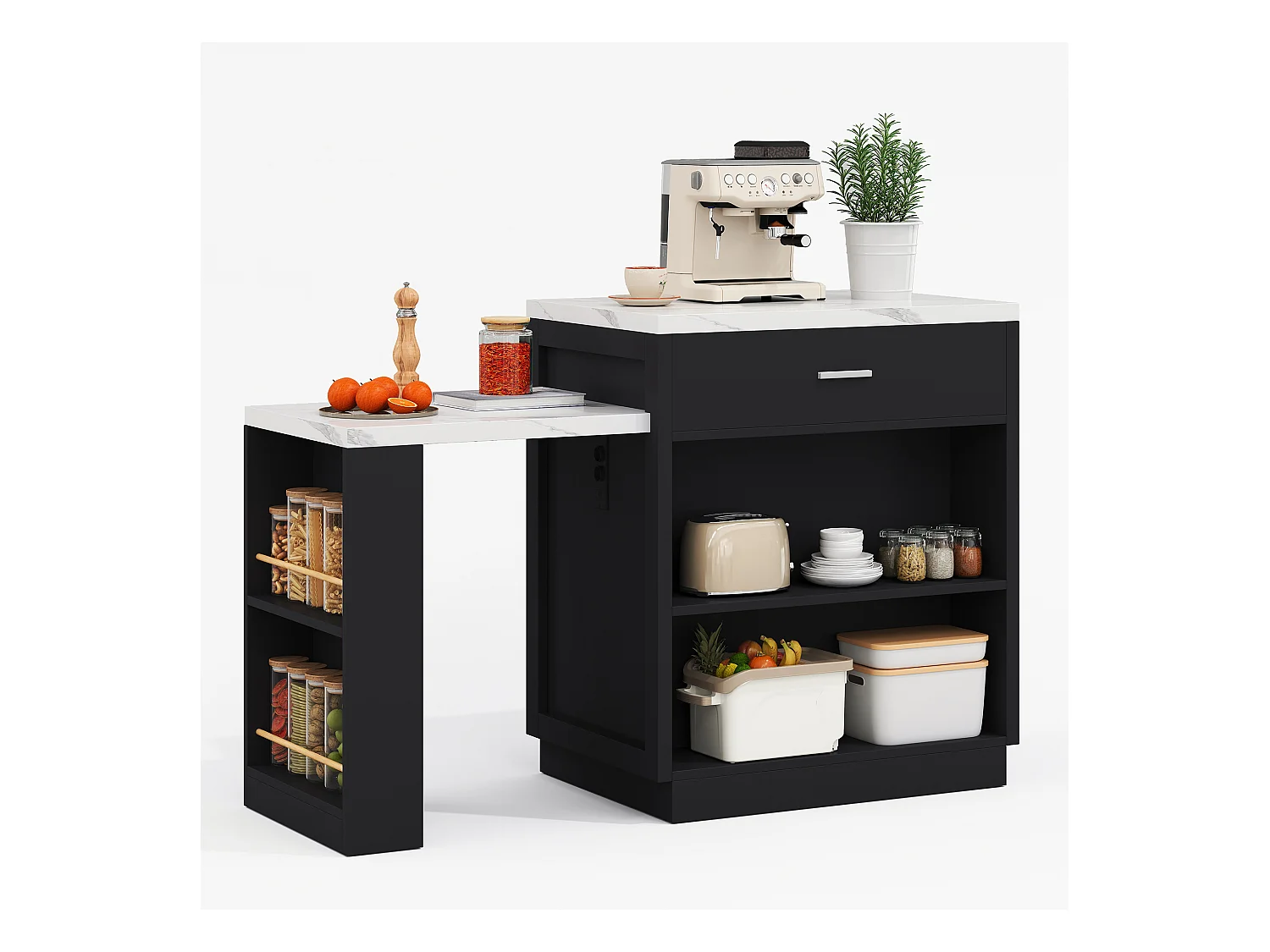 Ilot central de cuisine - avec USB - avec 2 portes et 2 tiroirs - Plateau extensible - Étagères ouvertes - Blanc+Noir