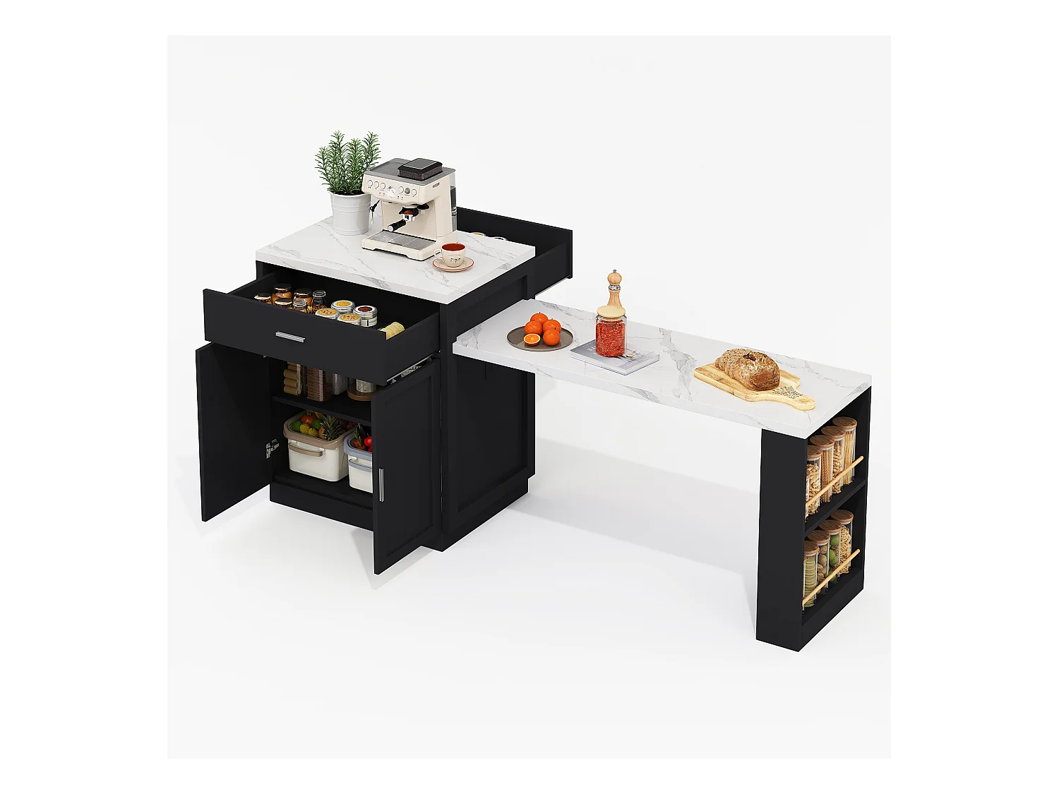 Ilot central de cuisine - avec USB - avec 2 portes et 2 tiroirs - Plateau extensible - Étagères ouvertes - Blanc+Noir