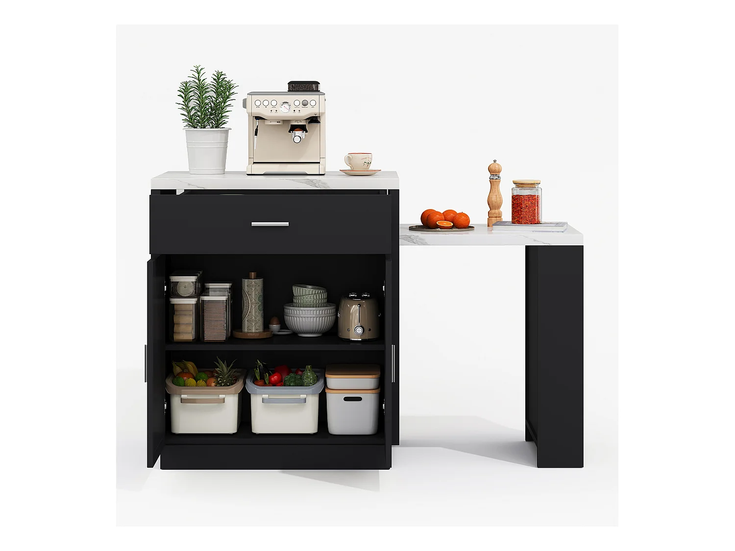 Ilot central de cuisine - avec USB - avec 2 portes et 2 tiroirs - Plateau extensible - Étagères ouvertes - Blanc+Noir