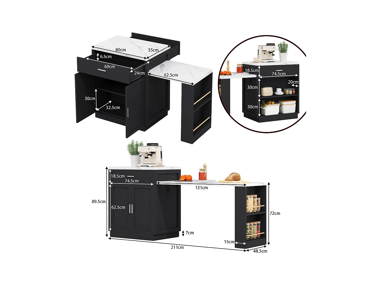 Ilot central de cuisine - avec USB - avec 2 portes et 2 tiroirs - Plateau extensible - Étagères ouvertes - Blanc+Noir
