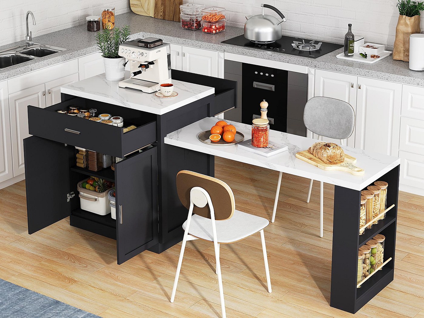 Ilot central de cuisine - avec USB - avec 2 portes et 2 tiroirs - Plateau extensible - Étagères ouvertes - Blanc+Noir