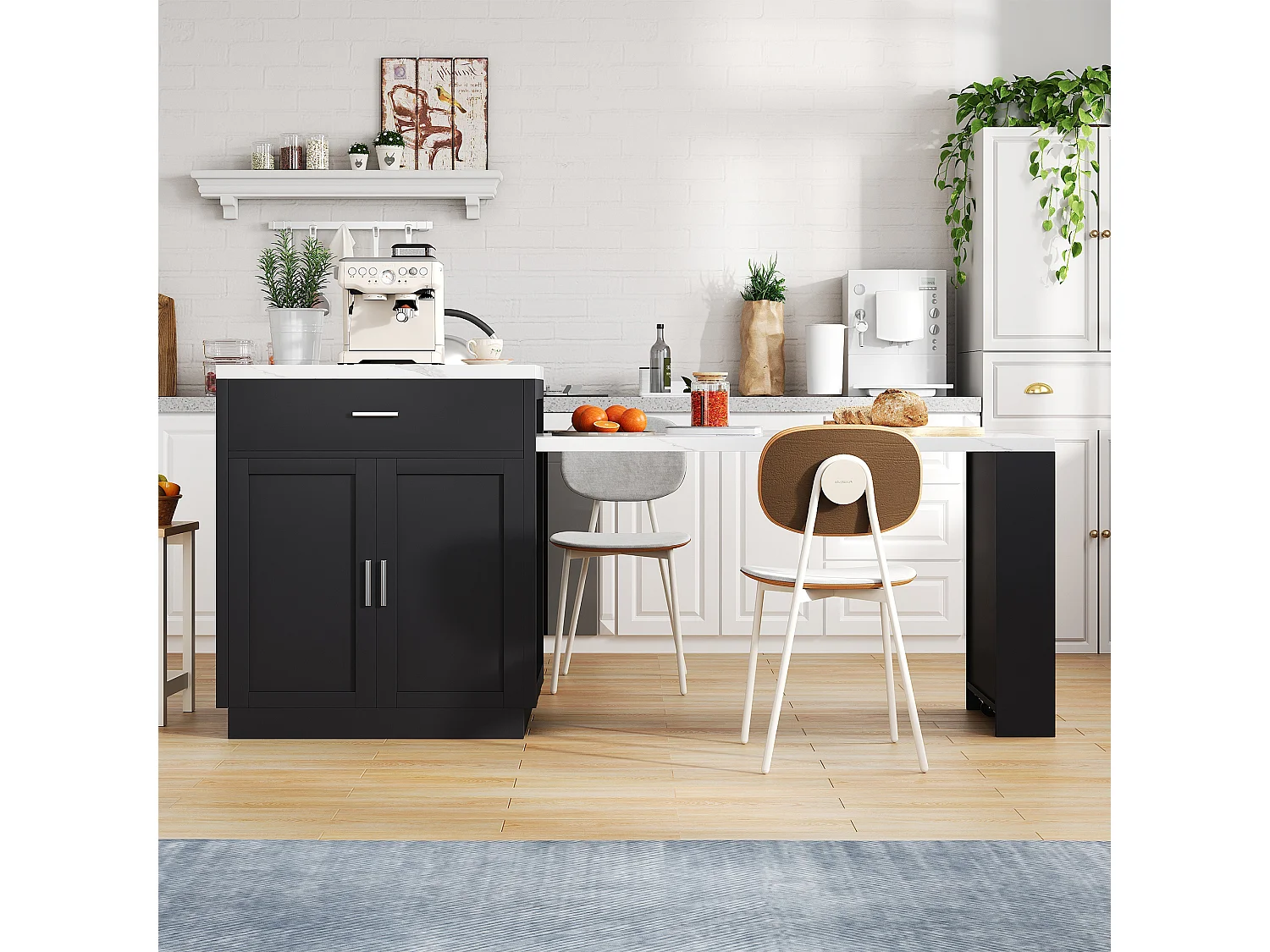 Ilot central de cuisine - avec USB - avec 2 portes et 2 tiroirs - Plateau extensible - Étagères ouvertes - Blanc+Noir