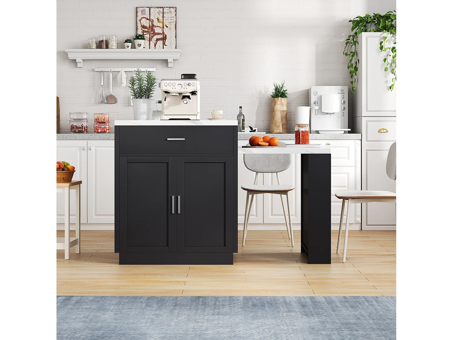 Ilot central de cuisine - avec USB - avec 2 portes et 2 tiroirs - Plateau extensible - Étagères ouvertes - Blanc+Noir