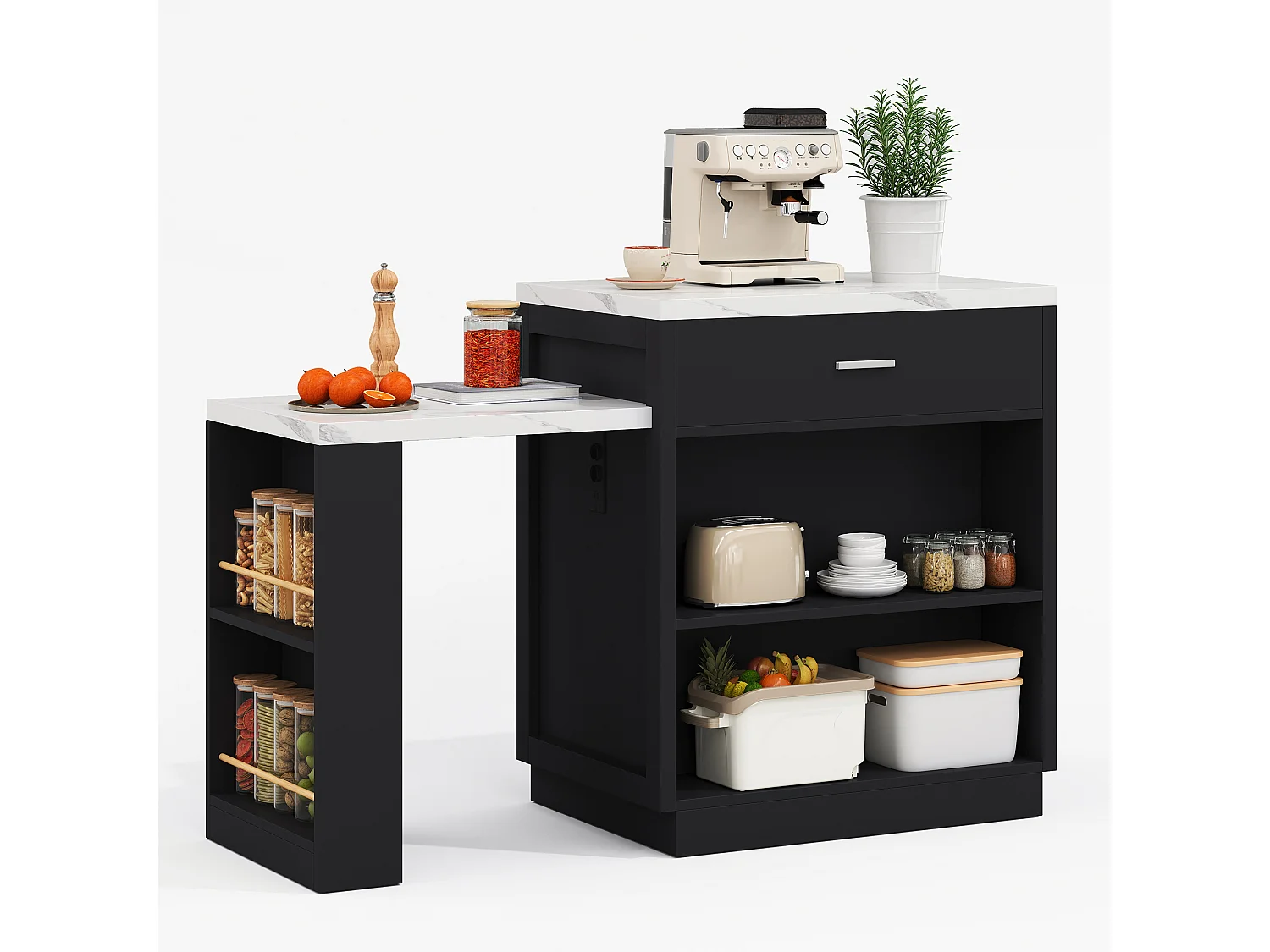 Ilot central de cuisine - avec USB - avec 2 portes et 2 tiroirs - Plateau extensible - Étagères ouvertes - Blanc+Noir