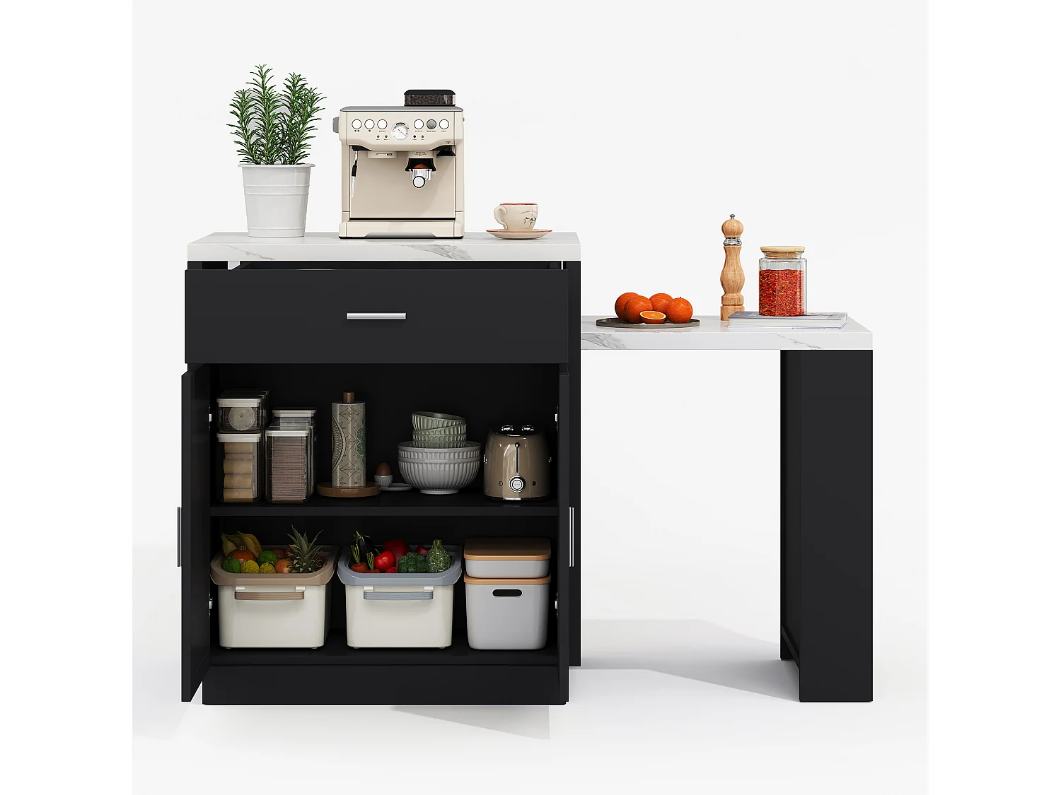 Ilot central de cuisine - avec USB - avec 2 portes et 2 tiroirs - Plateau extensible - Étagères ouvertes - Blanc+Noir