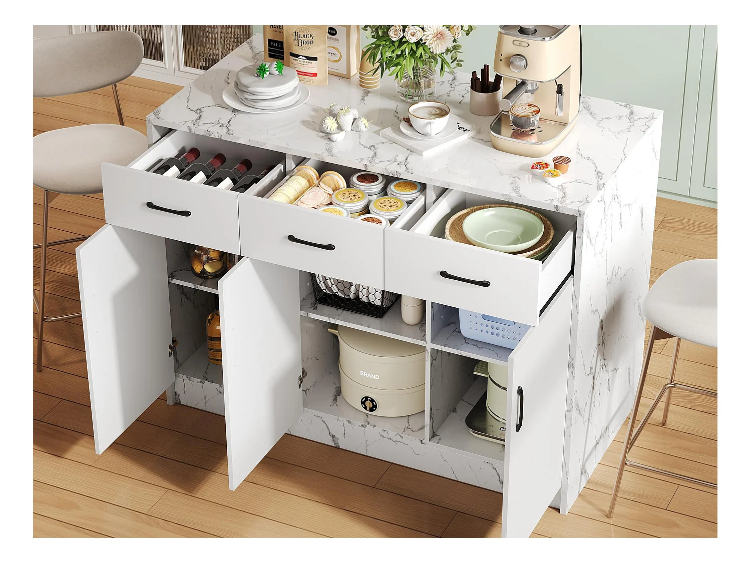 Ilot central de cuisine - 3 tiroirs et 3 portes - Motif en marbre - MDF - Blanc