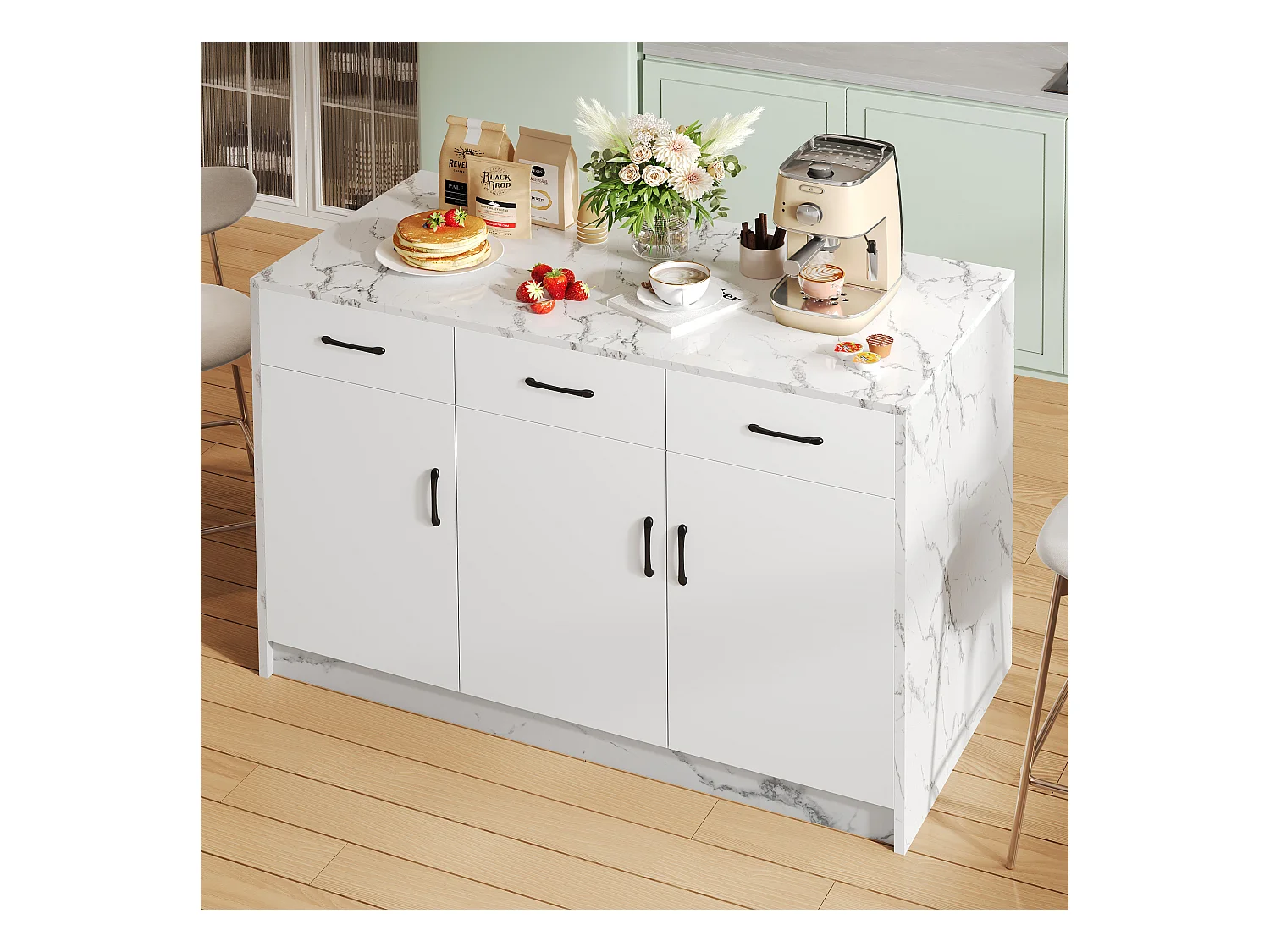 Ilot central de cuisine - 3 tiroirs et 3 portes - Motif en marbre - MDF - Blanc