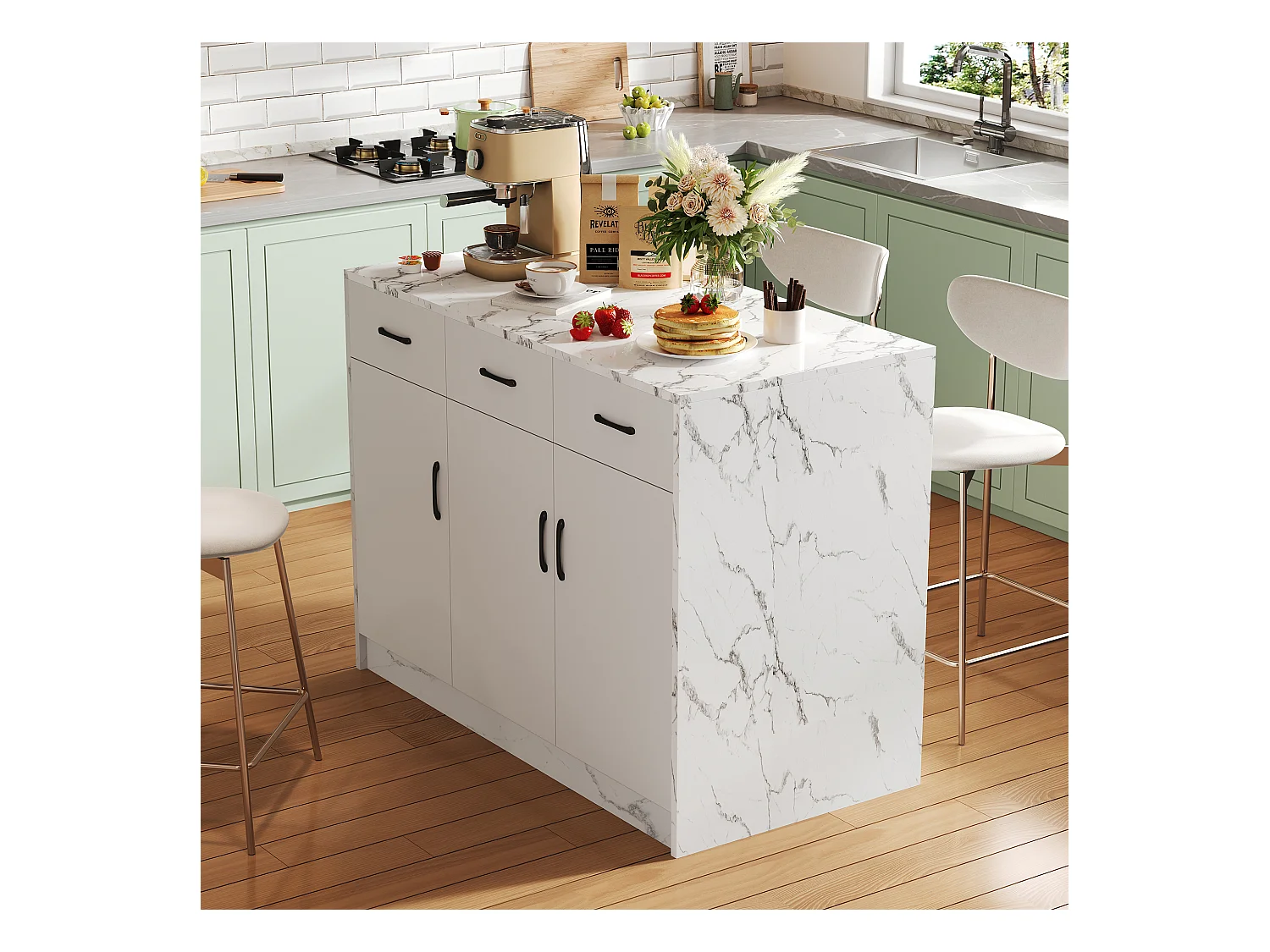 Ilot central de cuisine - 3 tiroirs et 3 portes - Motif en marbre - MDF - Blanc