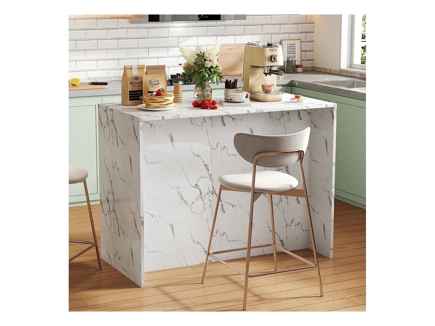 Ilot central de cuisine - 3 tiroirs et 3 portes - Motif en marbre - MDF - Blanc