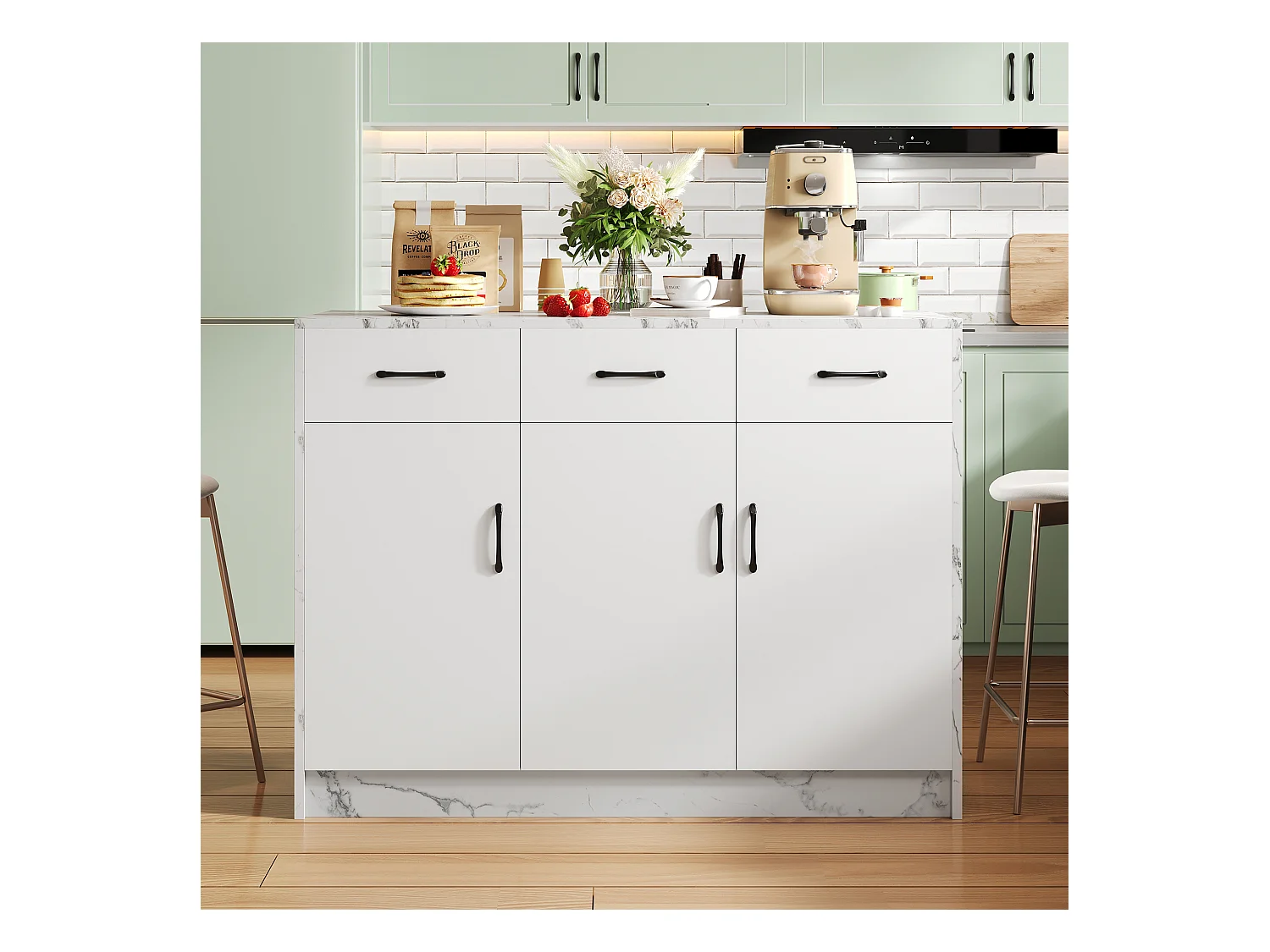 Ilot central de cuisine - 3 tiroirs et 3 portes - Motif en marbre - MDF - Blanc