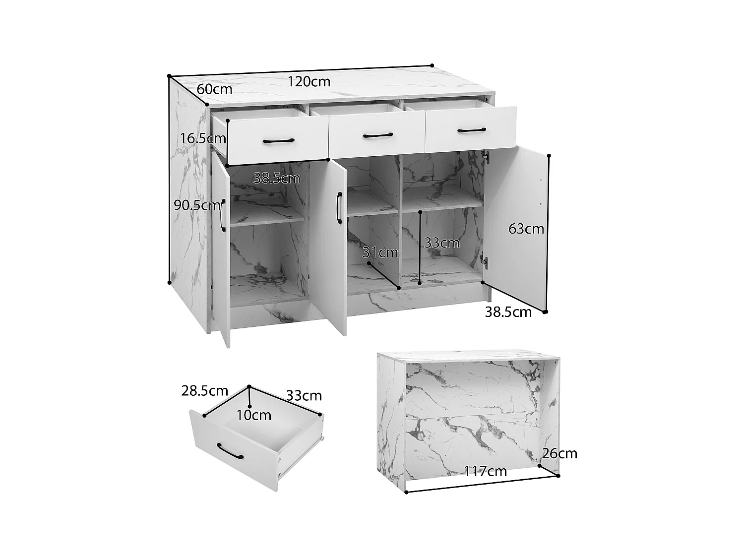 Ilot central de cuisine - 3 tiroirs et 3 portes - Motif en marbre - MDF - Blanc