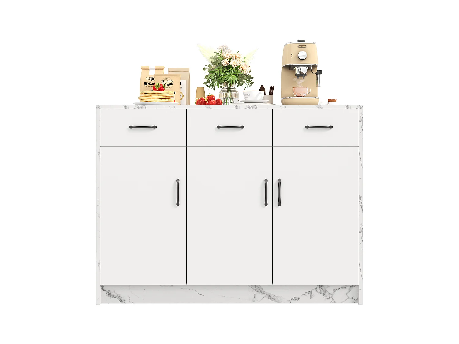 Ilot central de cuisine - 3 tiroirs et 3 portes - Motif en marbre - MDF - Blanc