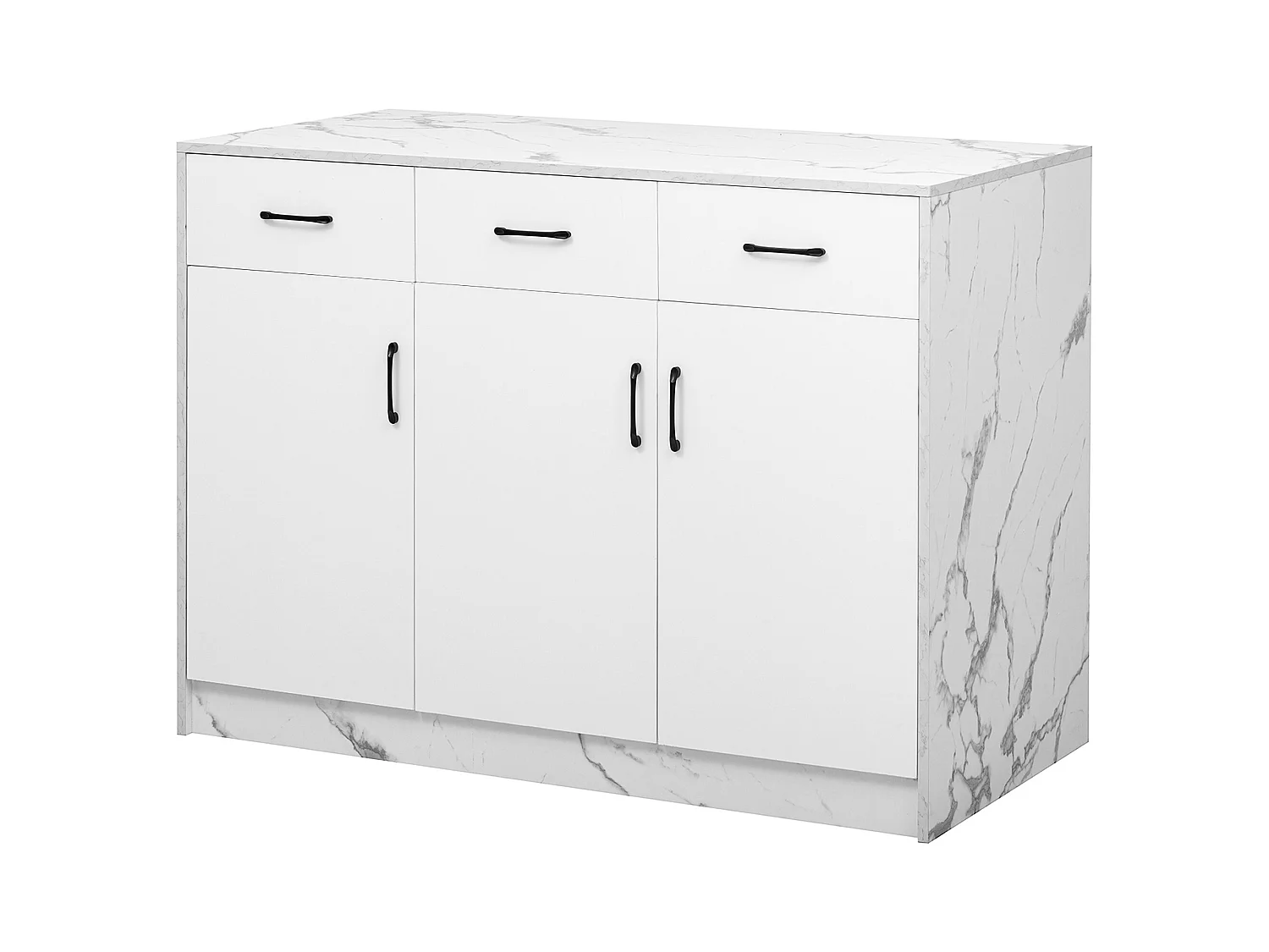 Ilot central de cuisine - 3 tiroirs et 3 portes - Motif en marbre - MDF - Blanc