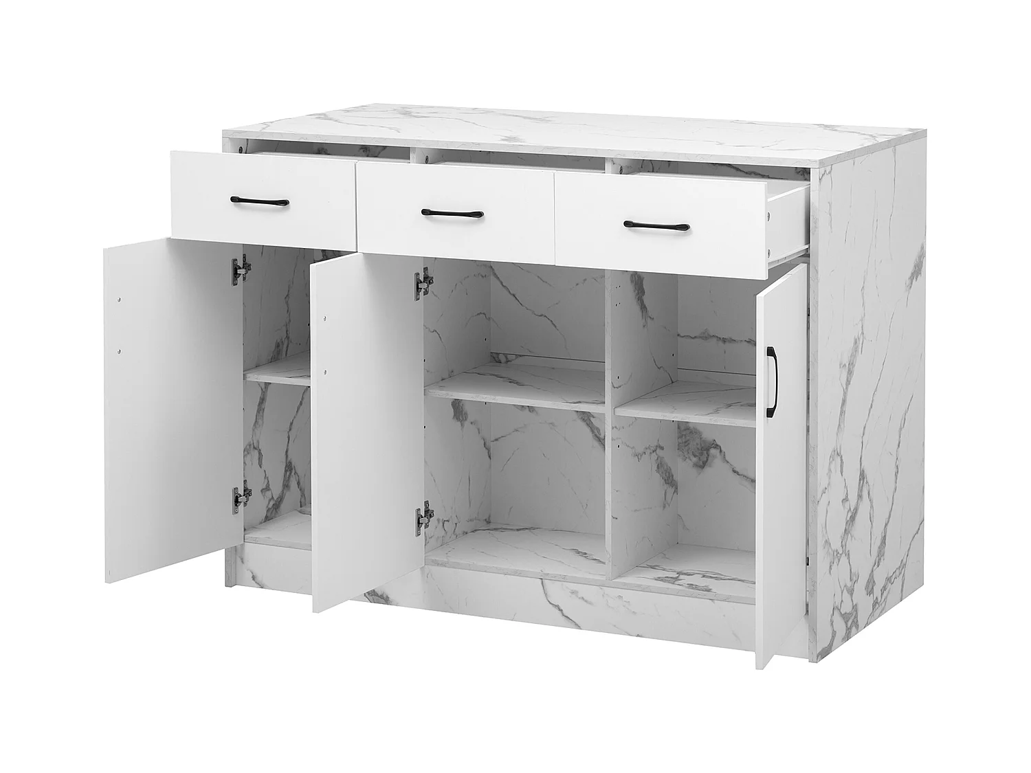 Ilot central de cuisine - 3 tiroirs et 3 portes - Motif en marbre - MDF - Blanc