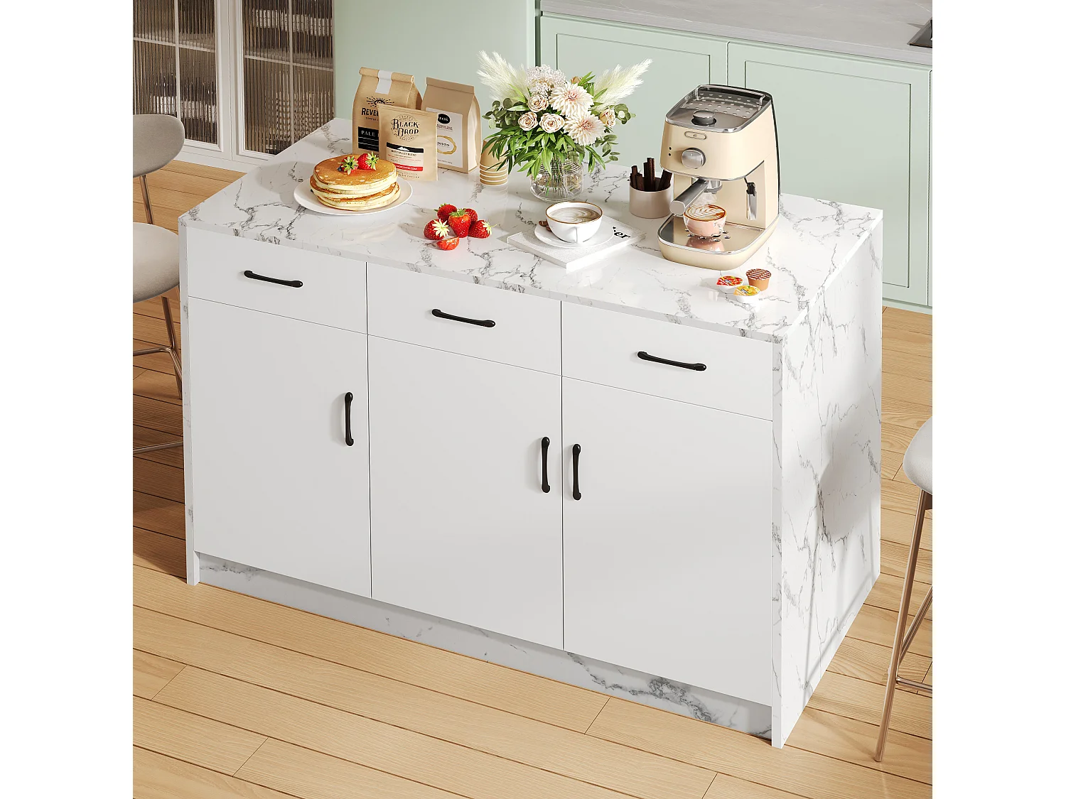 Ilot central de cuisine - 3 tiroirs et 3 portes - Motif en marbre - MDF - Blanc