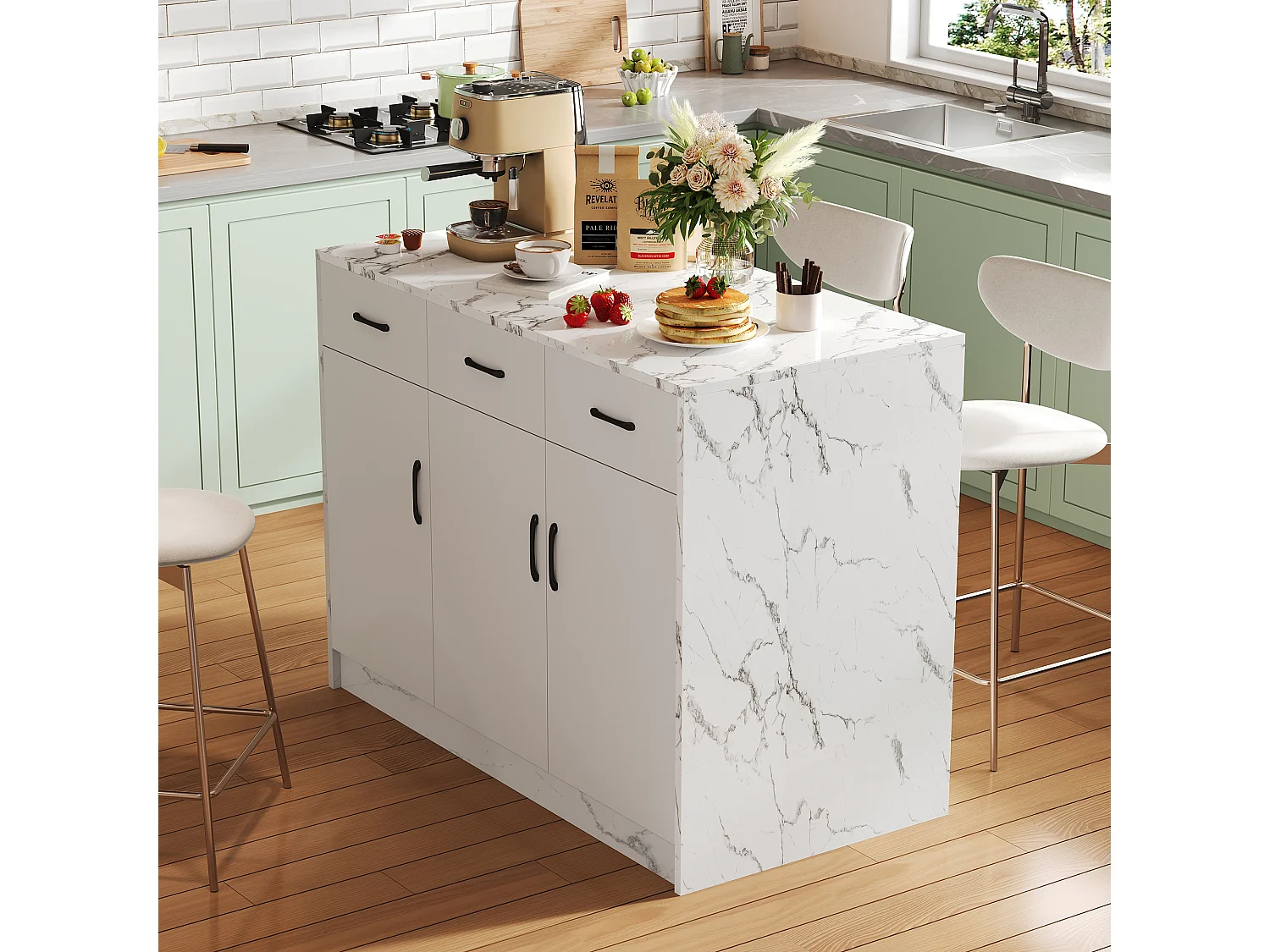 Ilot central de cuisine - 3 tiroirs et 3 portes - Motif en marbre - MDF - Blanc