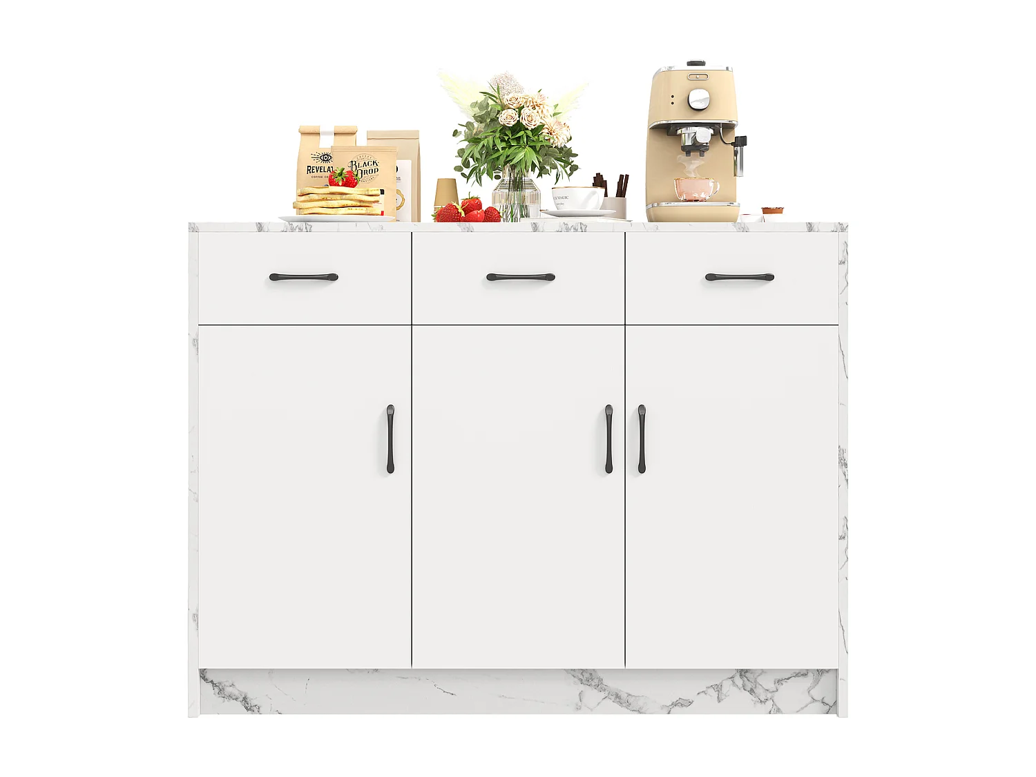 Ilot central de cuisine - 3 tiroirs et 3 portes - Motif en marbre - MDF - Blanc