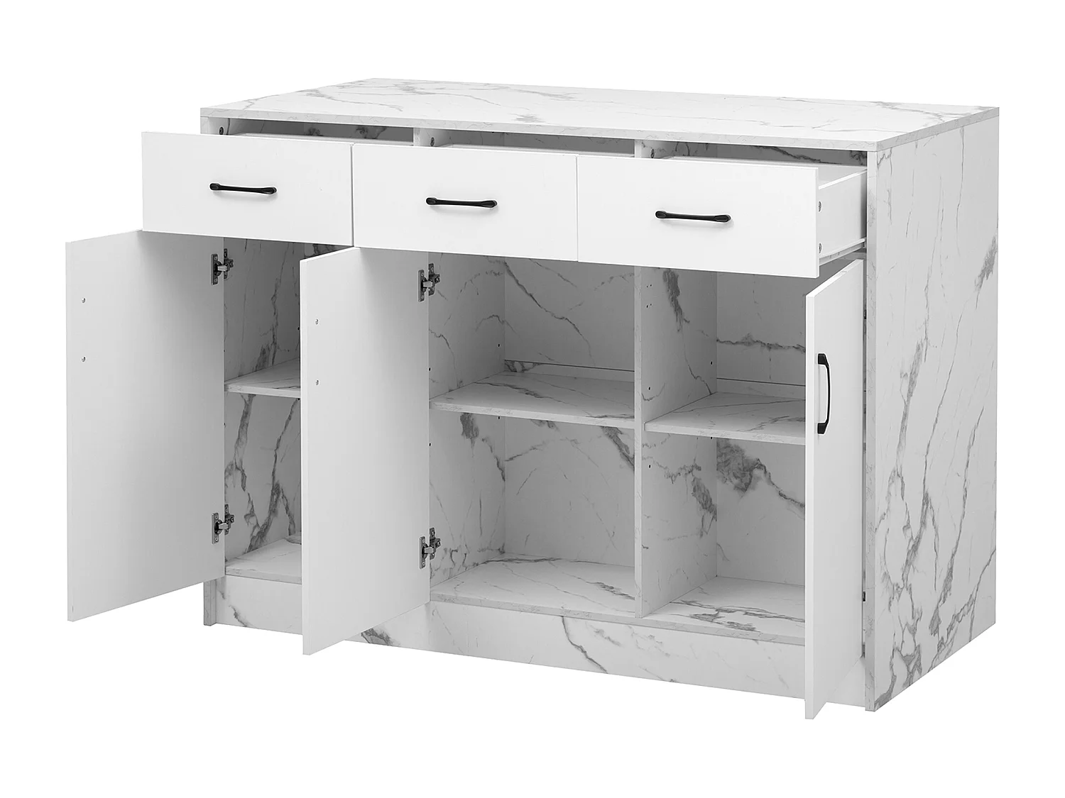 Ilot central de cuisine - 3 tiroirs et 3 portes - Motif en marbre - MDF - Blanc