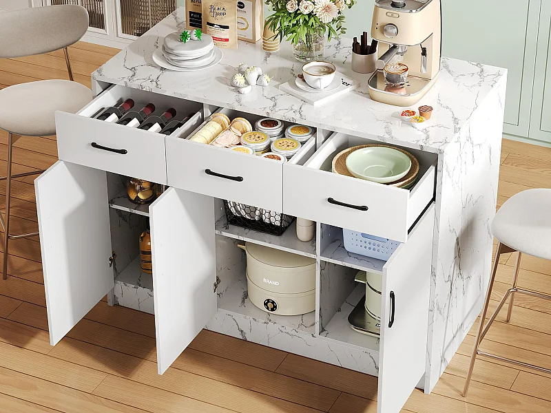 Ilot central de cuisine - 3 tiroirs et 3 portes - Motif en marbre - MDF - Blanc