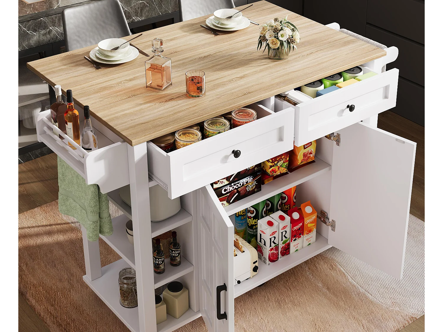 Isla de cocina móvil - encimera extensible - 2 cajones y 2 puertas - con toallero - MDF - blanco + natural