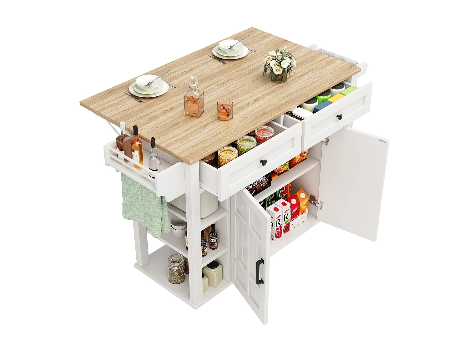 Isla de cocina móvil - encimera extensible - 2 cajones y 2 puertas - con toallero - MDF - blanco + natural