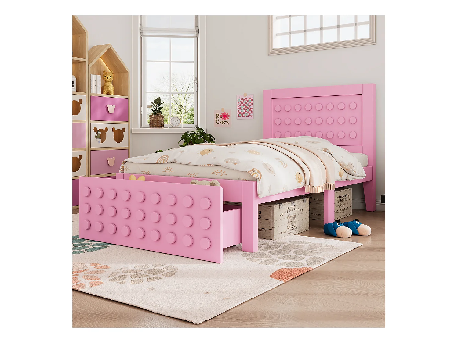Lit enfant 90x190 cm - avec tiroirs et rangement sous le lit - avec sommier à lattes - MDF - Rose(sans matelas)