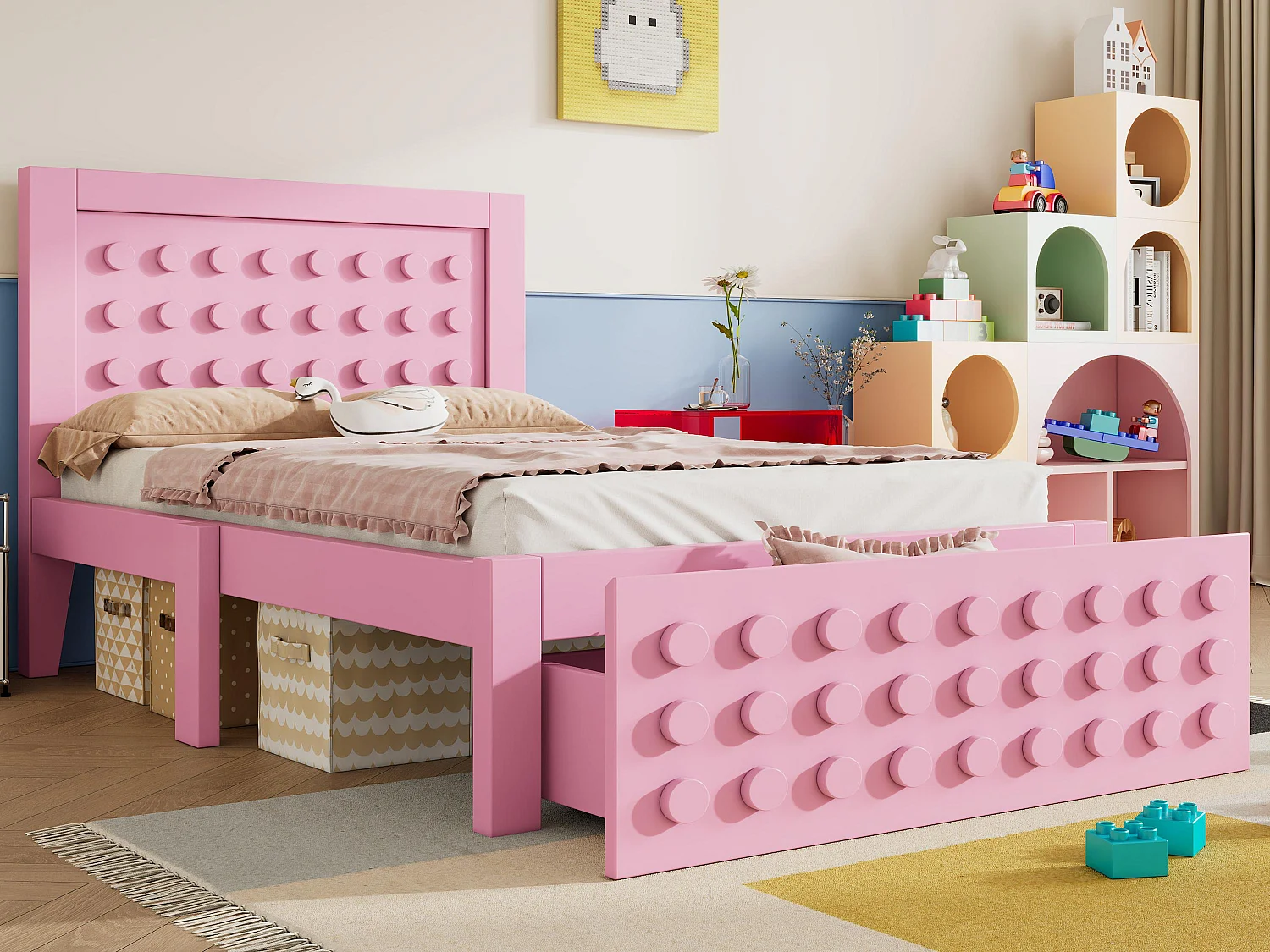 Cama infantil 90x190 cm - con cajones y almacenamiento bajo la cama - con somier de láminas - MDF - Rosa (sin colchón)