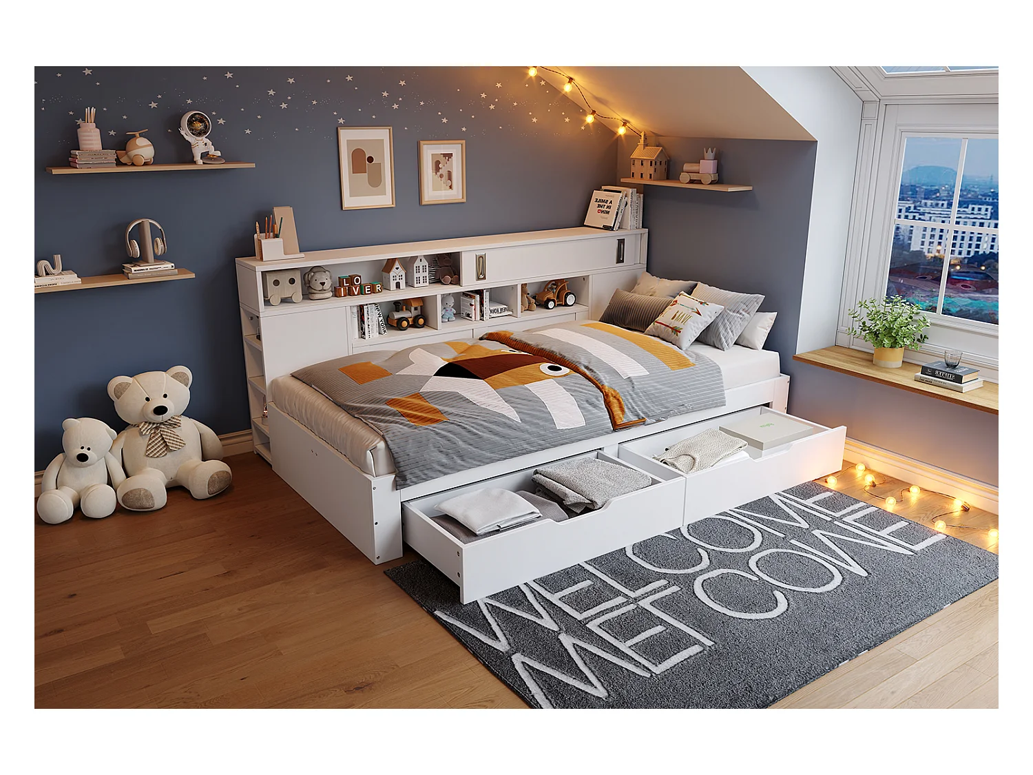 Lit banquette 90x200 cm - avec 2 tiroirs - avec étagères et armoires de rangement - MDF - Blanc(sans matelas)