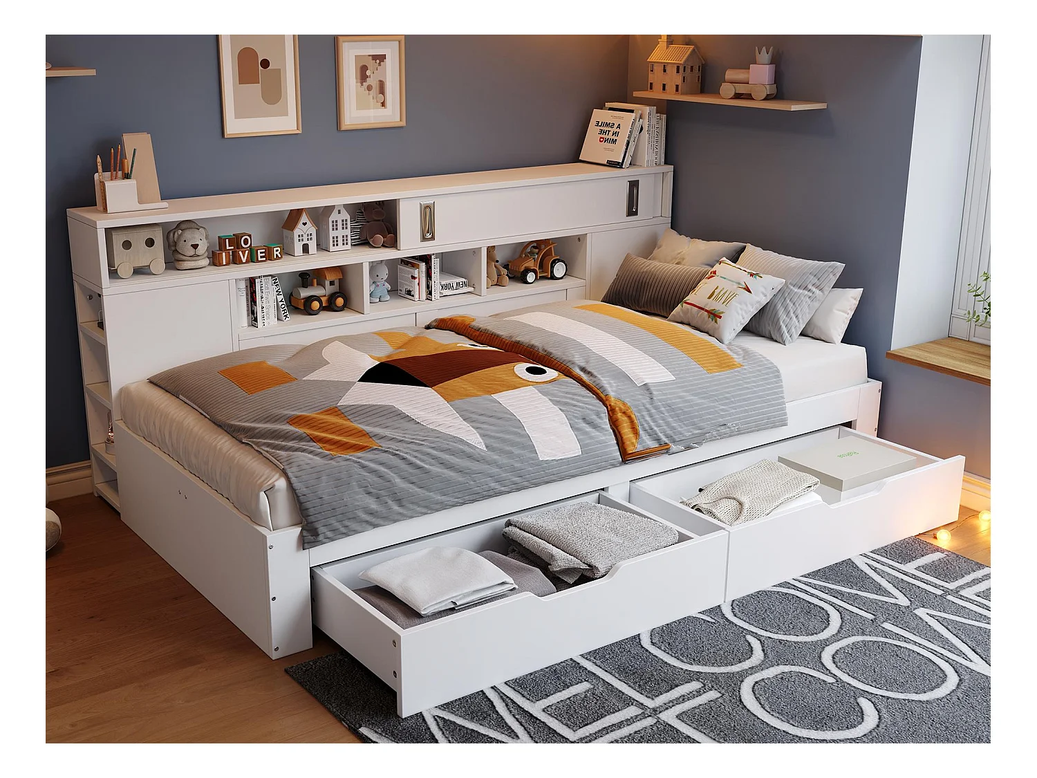 Lit banquette 90x200 cm - avec 2 tiroirs - avec étagères et armoires de rangement - MDF - Blanc(sans matelas)