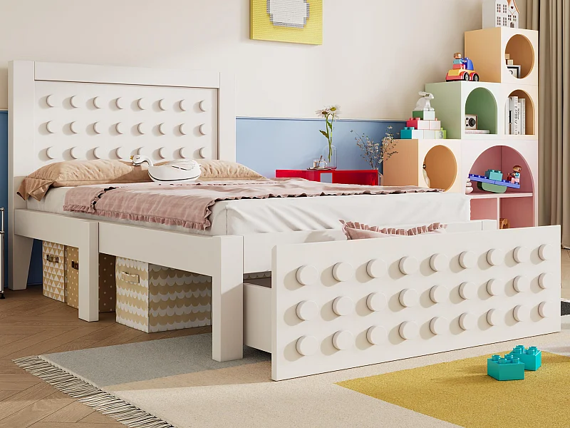 Kinderbett 90x190 cm - mit Schubladen und Stauraum unter dem Bett - mit Lattenrost - MDF - Weiß (ohne Matratze)