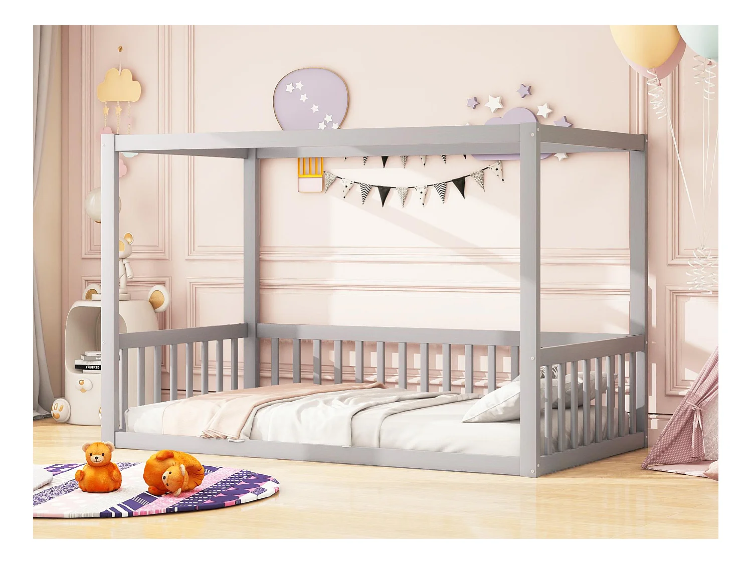 Lit cabane enfant 90x200cm - sommier à lattes - lit en bois massif - gris (matelas non inclus)