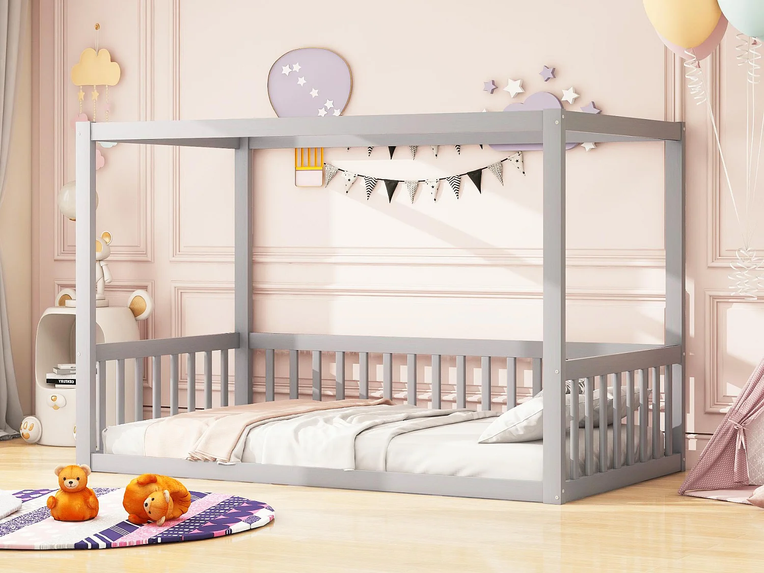 Lit cabane enfant 90x200cm - sommier à lattes - lit en bois massif - gris (matelas non inclus)