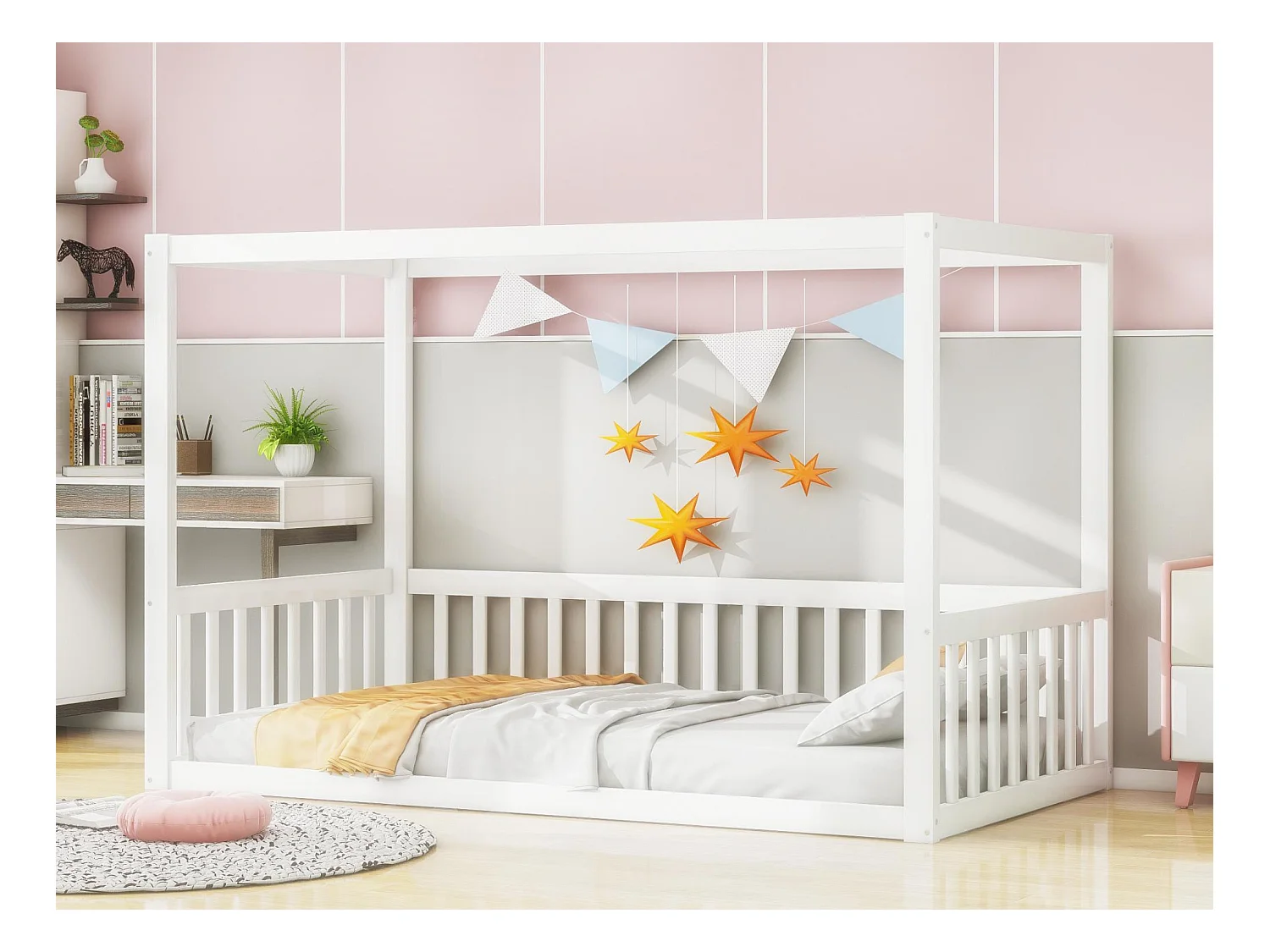 Lit cabane enfant 90x200cm - sommier à lattes - lit en bois massif - blanc (matelas non inclus)