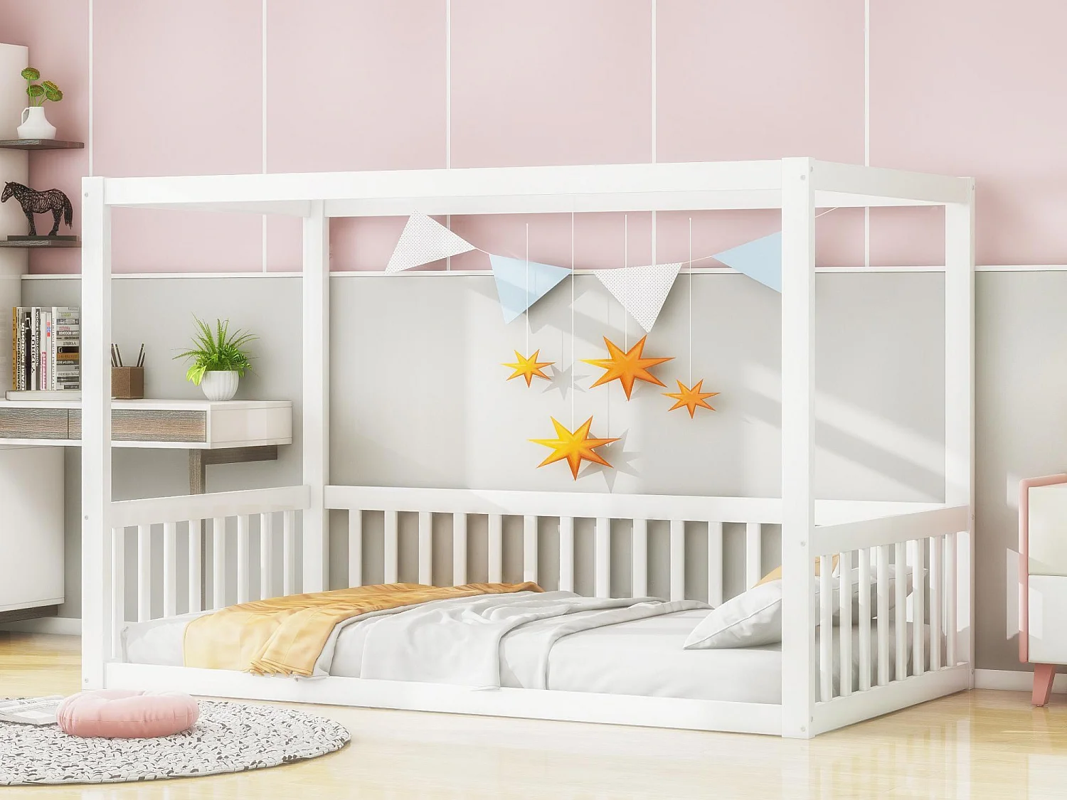 Lit cabane enfant 90x200cm - sommier à lattes - lit en bois massif - blanc (matelas non inclus)