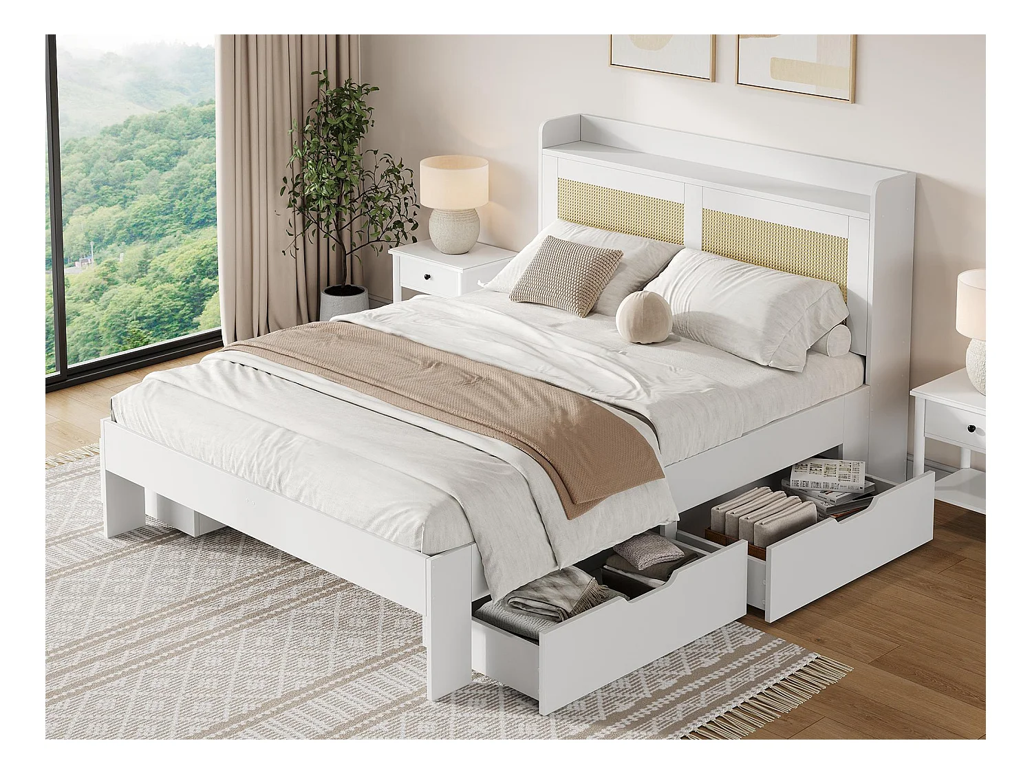 Lit double 140 x 200 cm - avec 4 tiroirs - décoration en rotin- MDF - Blanc (matelas non inclus)