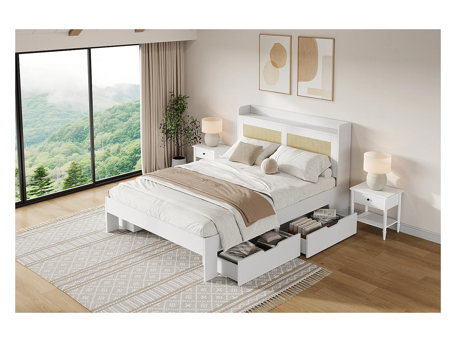 Lit double 140 x 200 cm - avec 4 tiroirs - décoration en rotin- MDF - Blanc (matelas non inclus)