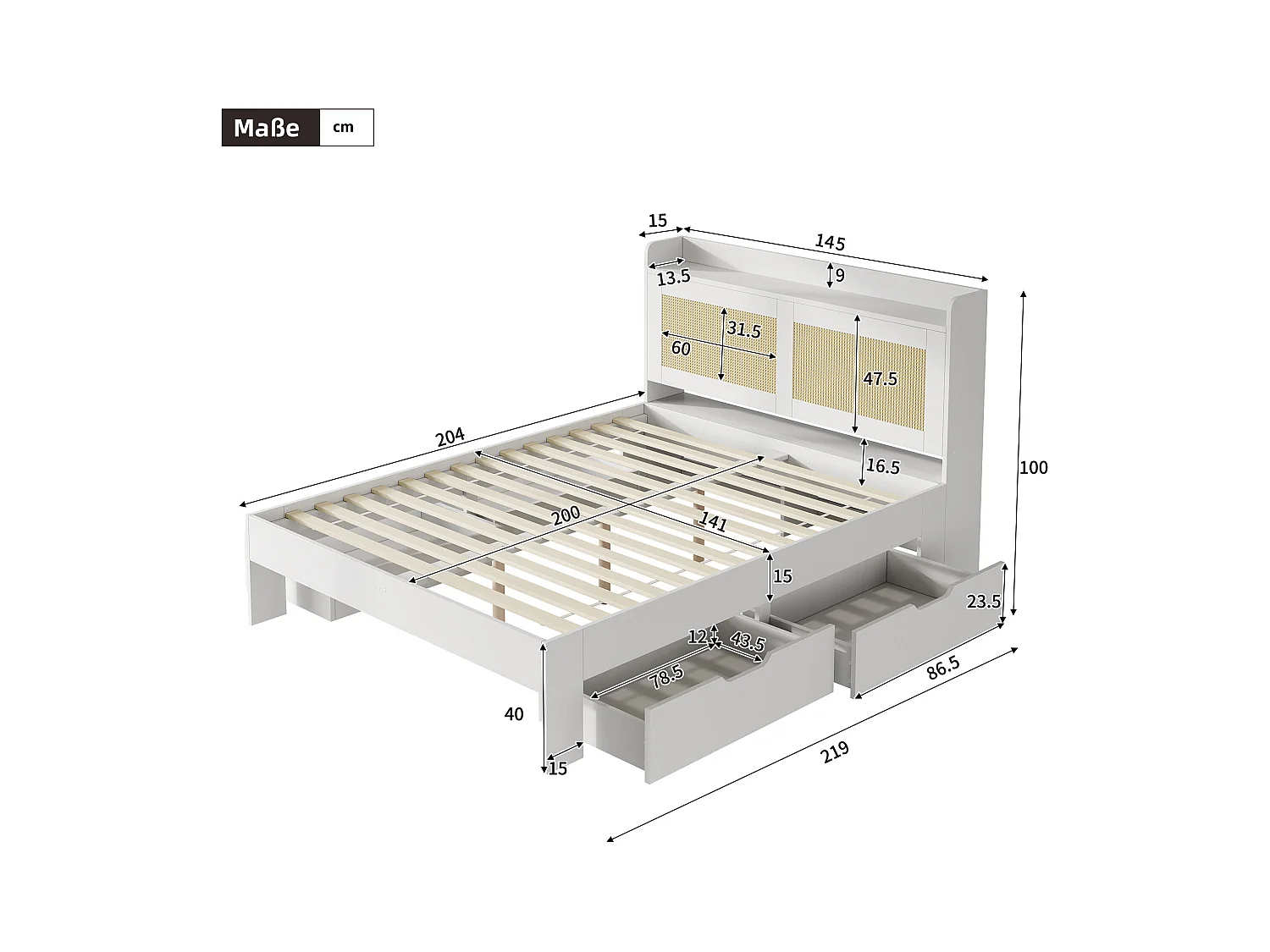 Lit double 140 x 200 cm - avec 4 tiroirs - décoration en rotin- MDF - Blanc (matelas non inclus)