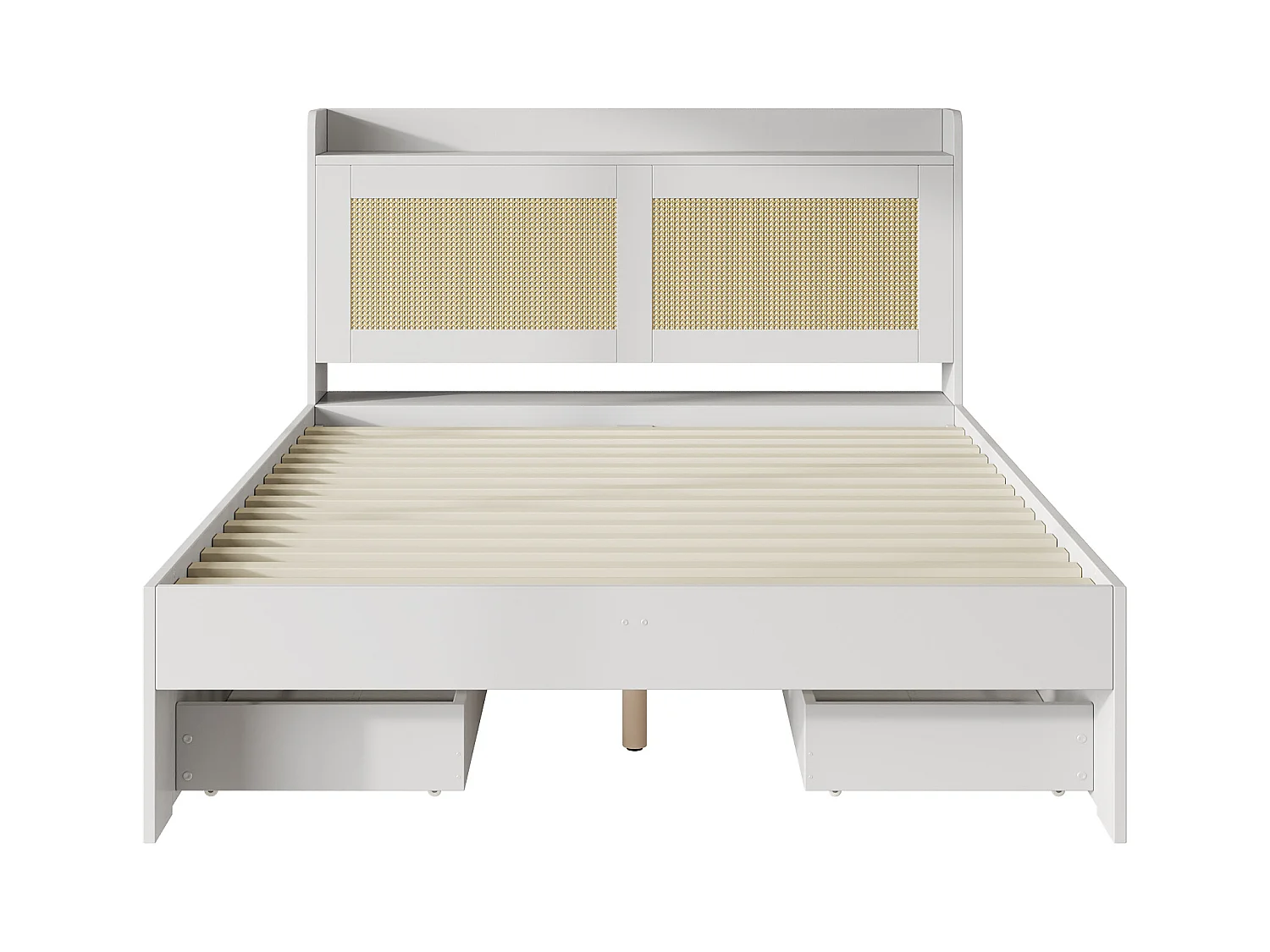Lit double 140 x 200 cm - avec 4 tiroirs - décoration en rotin- MDF - Blanc (matelas non inclus)