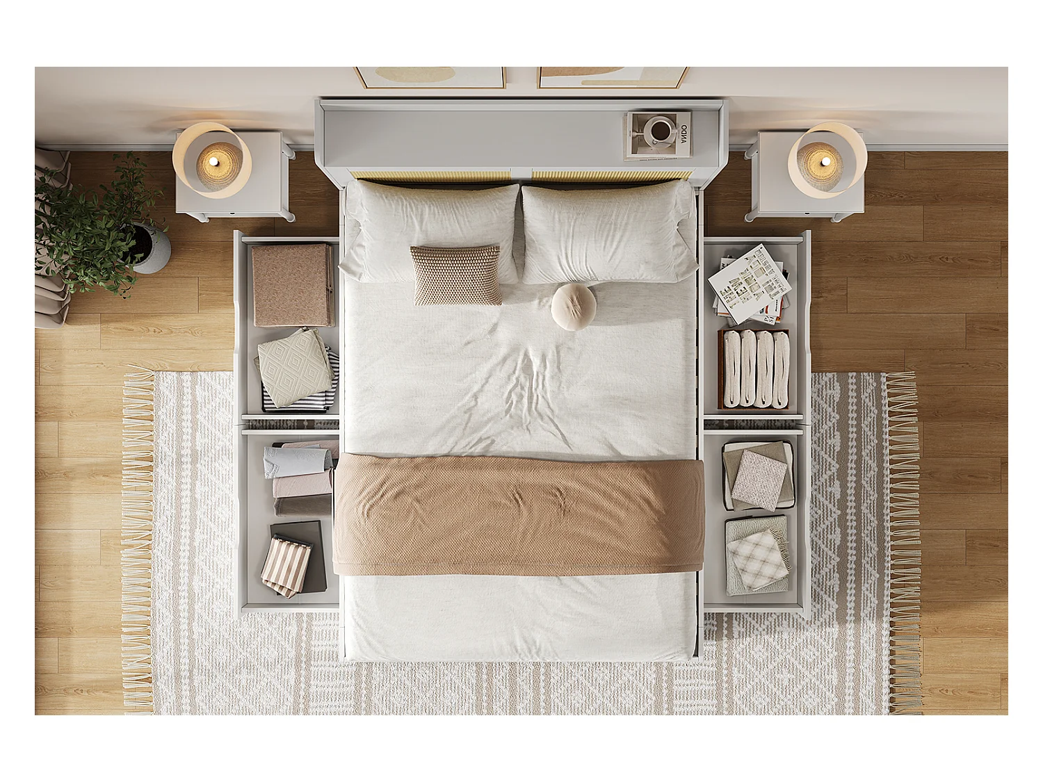 Lit double 140 x 200 cm - avec 4 tiroirs - décoration en rotin- MDF - Blanc (matelas non inclus)