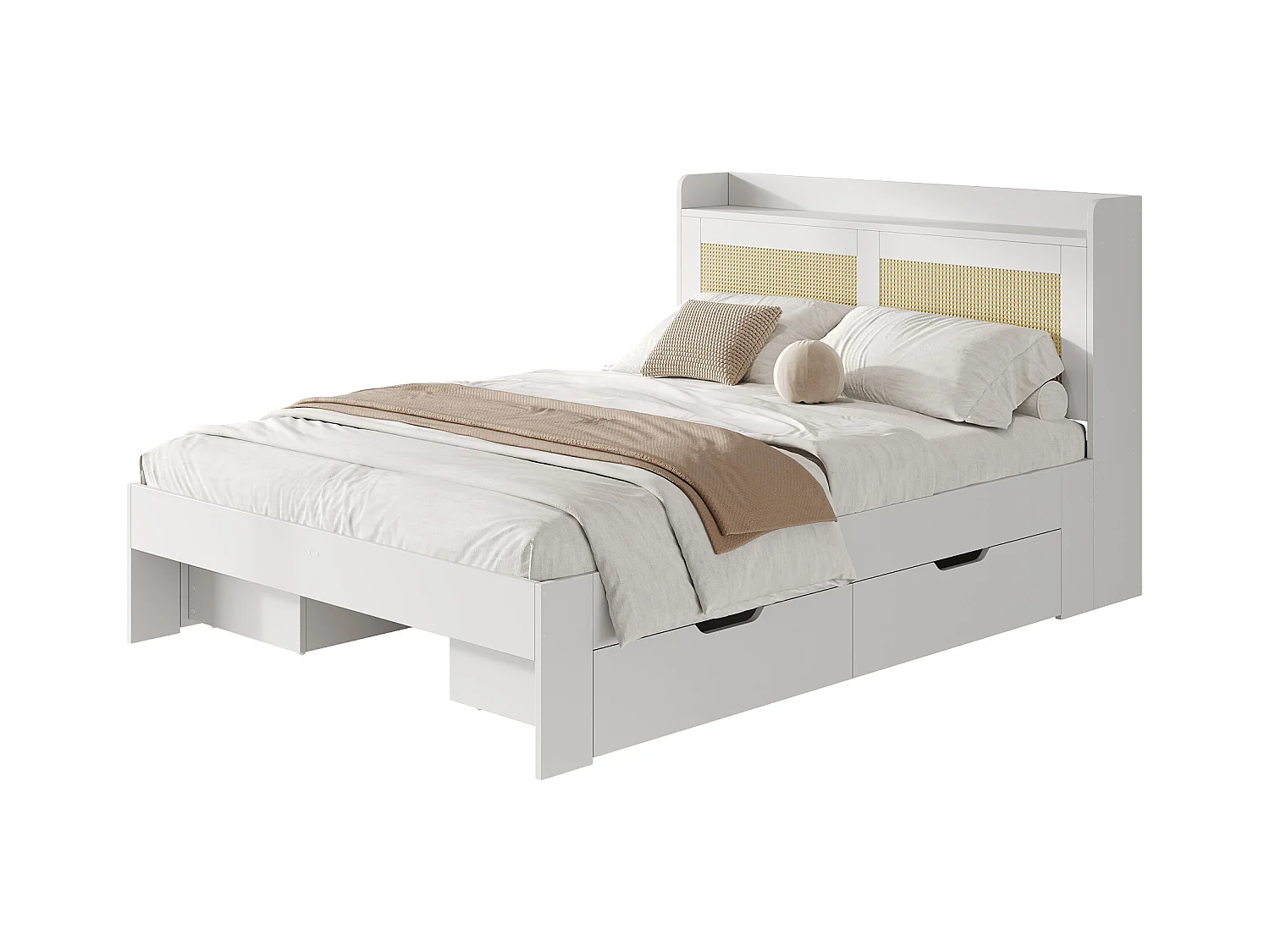 Lit double 140 x 200 cm - avec 4 tiroirs - décoration en rotin- MDF - Blanc (matelas non inclus)