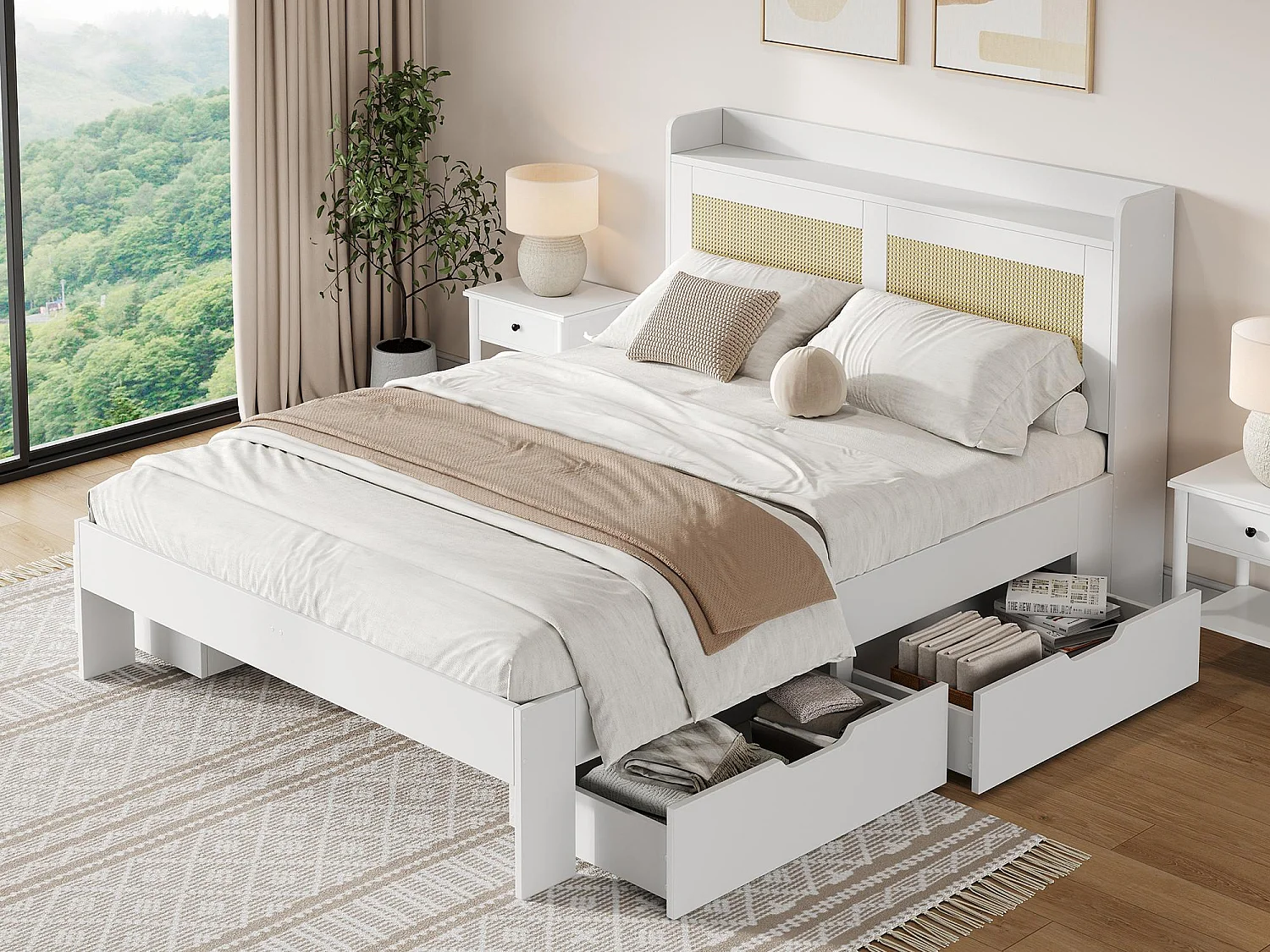 Lit double 140 x 200 cm - avec 4 tiroirs - décoration en rotin- MDF - Blanc (matelas non inclus)